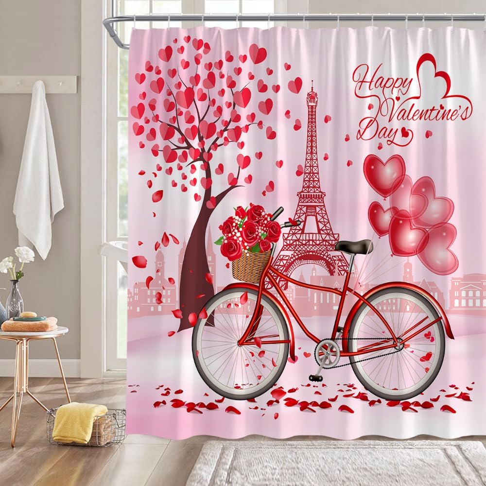 Valentine's Day Shower Curtain Pink Heart Tree Balloon Bike Romantic Sweet Love for Lover Couple Creative Bathroom Decor Fabric Curtain with Hooks, 5990AL-180x243