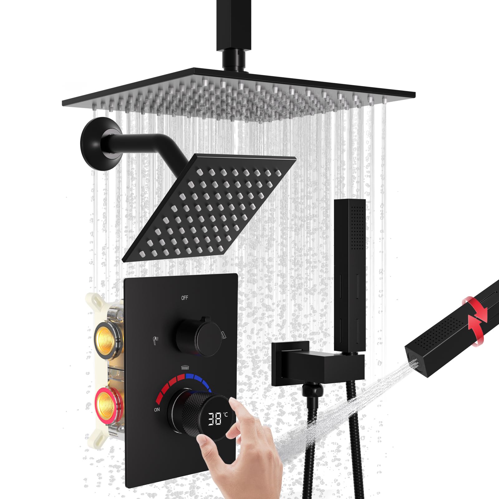 Système de double pommeau de douche de plafond haut de gamme en noir mat épuré