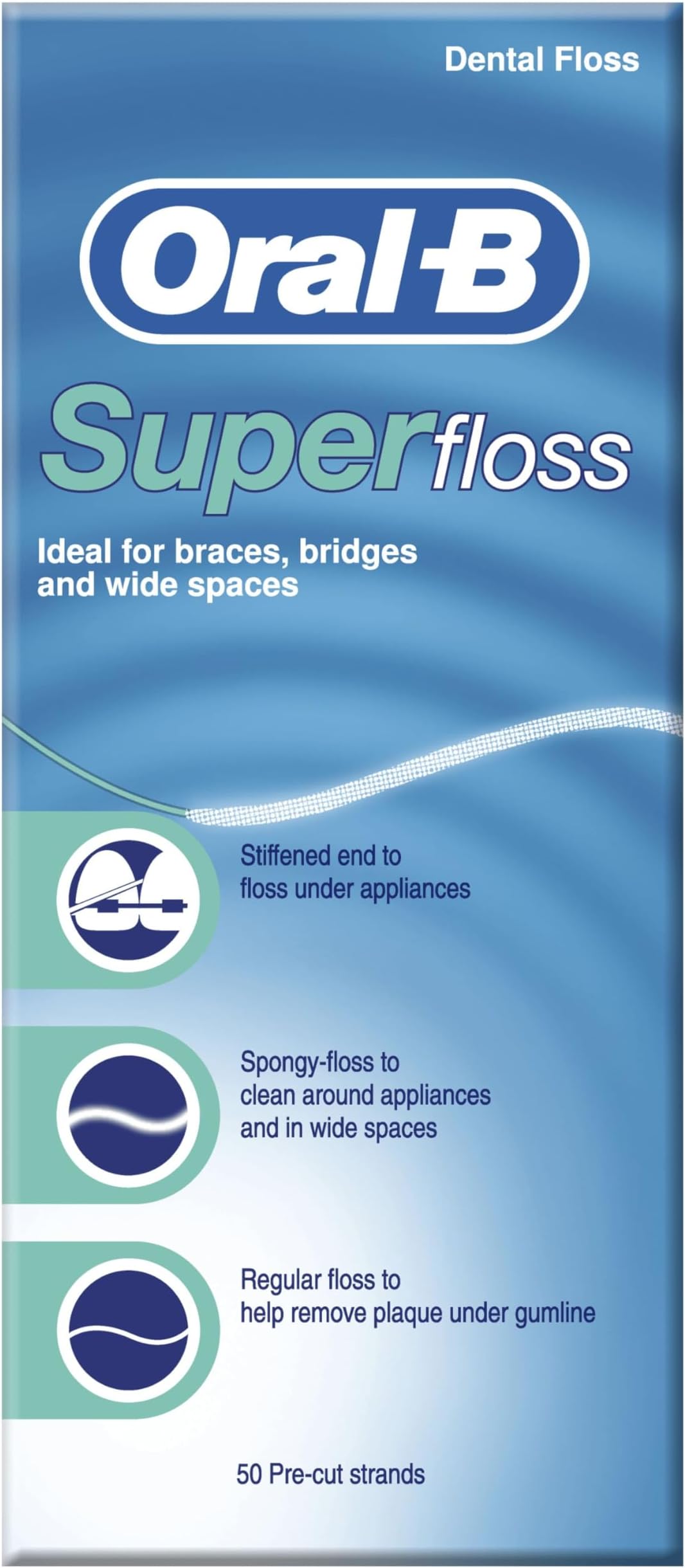 Oral-B Super Dental Floss, 50 Pre-Cut Strands, Ideal for Braces, Bridges and Wide Spaces