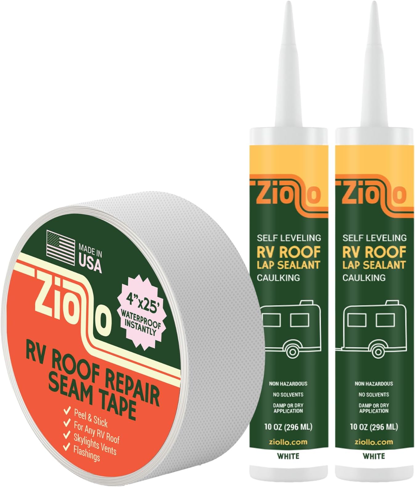 Ziollo RV Repair Kit with 2 x 10 oz of Self Leveling Caulking Lap Sealant & 1 RV Roof Repair Seam Tape 4" x 25' - Works on EPDM, TPO, Metal & Fiberglass
