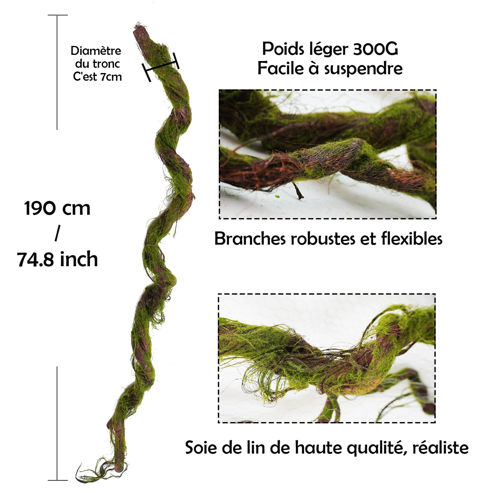 190cm/74.8inch Lin Soie Gros Tronc d'arbre Artificiel Pliable Faux Branches d'arbre Vigne Guirlande Plantes de Raisin Vert Rattan pour 3D Mur Suspendu Jardin extérieur Maison Halloween décoration