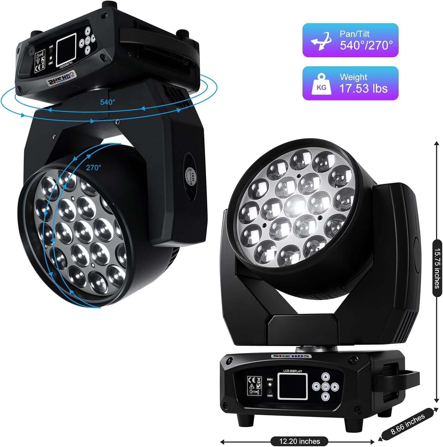 Luces de Disco de Cabeza en Movimiento de 19x15w, LED RGBW DJ Luces de Escenario con Control de Voz, Soporte DMX512,4in1 Luces de Etapa del Efecto de viga/Lavado, para Fiesta Escolar, Concierto 1
