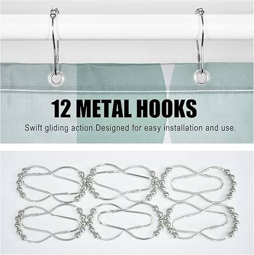 Miniatura 7 de Cortina de ducha hecha de tela, de color verde oscuro, impermeable, de poliéster, diseño geométrico, de secado rápido, dobladillo pesado, juego de