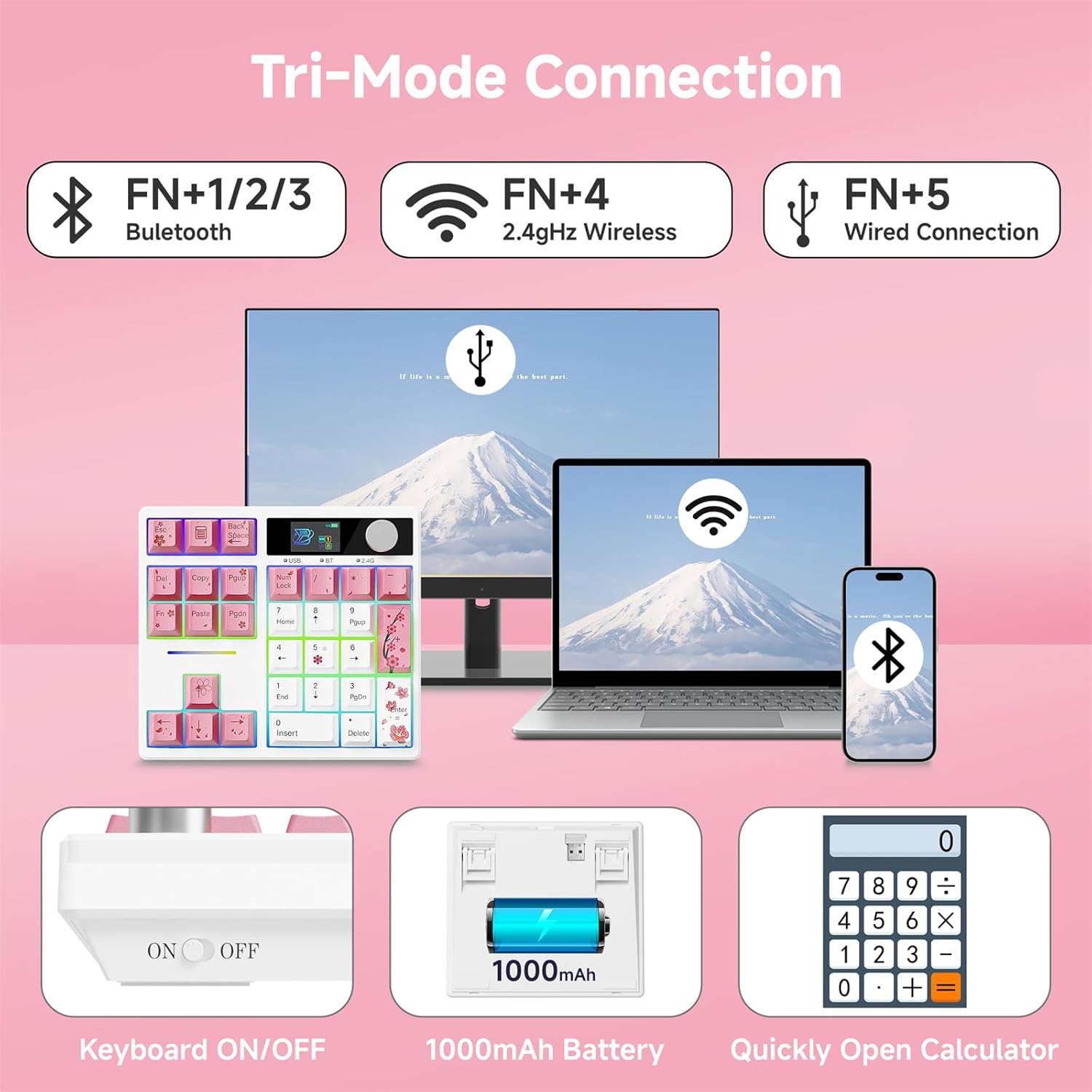 X BOYI TD31Pro Cherry Blossom Mechanical Numpad + WK68 65% Hot Swap Tri-Mode RGB Pink Gaming Keyboard