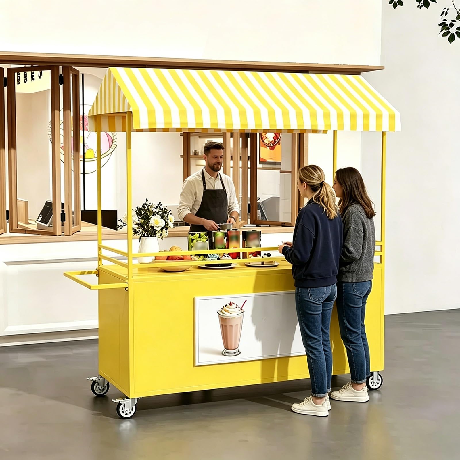 GMBAYUE Portable Vendor Cart with Canopy, Mobile Food Cart, Selling Food Booth Shelf, Vending Stand Kiosk Display Trolley, Vendor's Dessert Stall for Market Street Food & Events(Yellow)