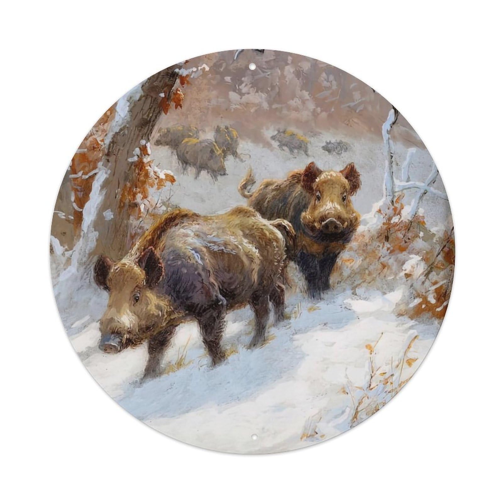 Animals Artwork Two Boars in The Snow Vintage Metal Tin Sign Plaque Wall Decor for Cafe, Club Bar, Office, Garden Metal Poster 8x8Inch