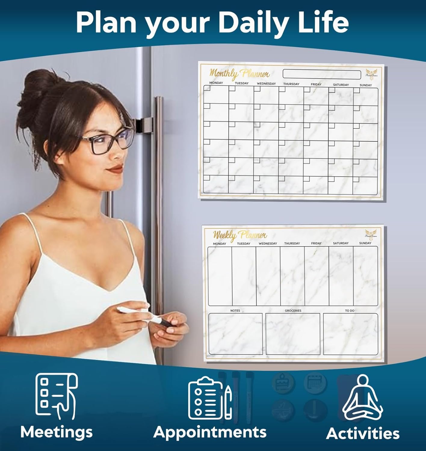 Magnetic Refrigerator Calendar, 18 pc Magnetic Monthly Calendar, Calendar and Weekly Planner, Dry Erase Planner for Wall Fridge or White Board, Fridge Calendar
