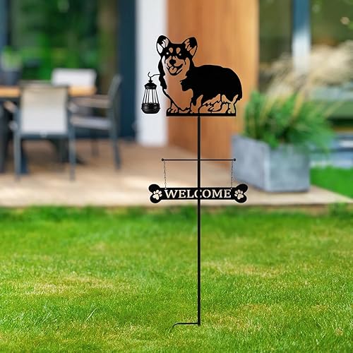 Miniatura 7 de ANGELLOONG Letrero de bienvenida de perro con silueta solar de 51 pulgadas con linterna, decoración de Corgi para exteriores, para jardín, patio,