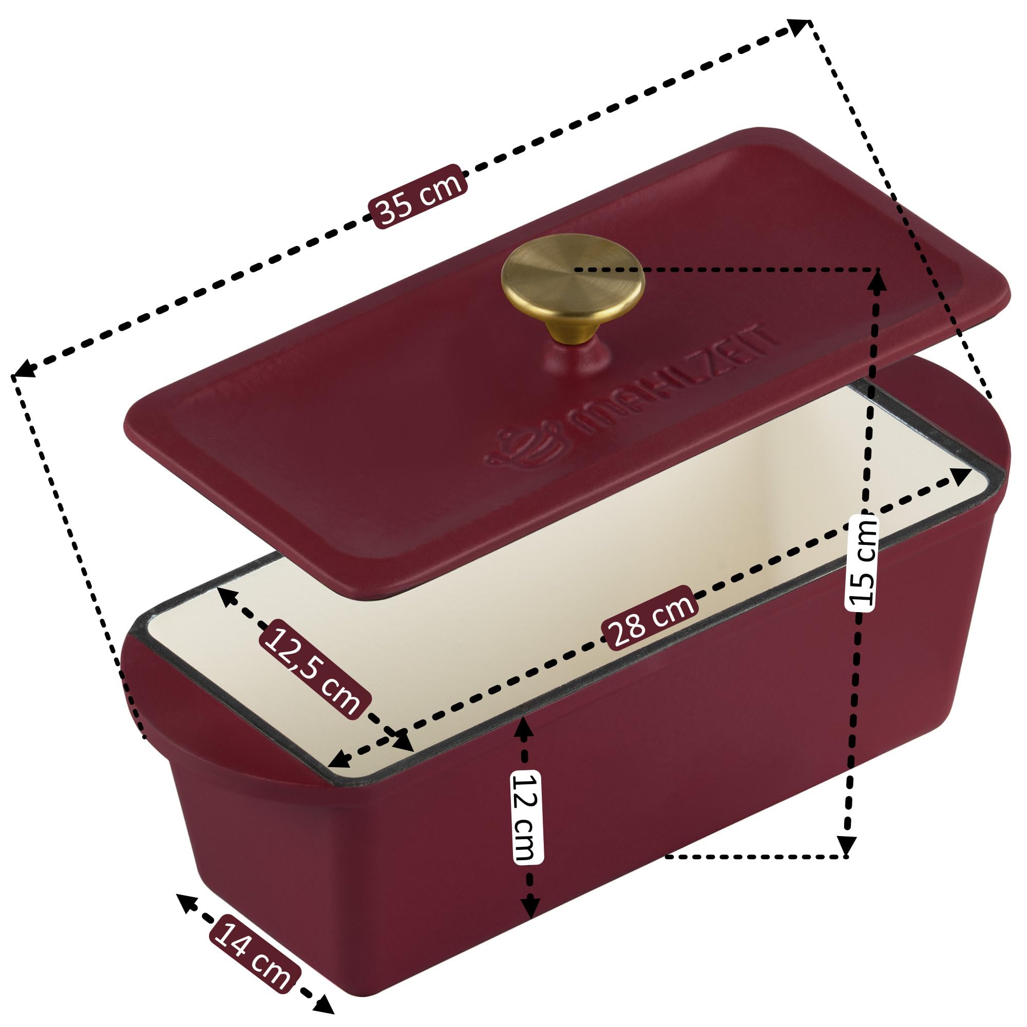 Mahlzeit Żeliwna brytfanna z pokrywką emaliowana | 3 l | Dark Cherry | nadaje się do piekarnika, nadaje się do kuchenek indukcyjnych | podwójne naczynie do pieczenia kaczek, duża, emaliowana brytfanna