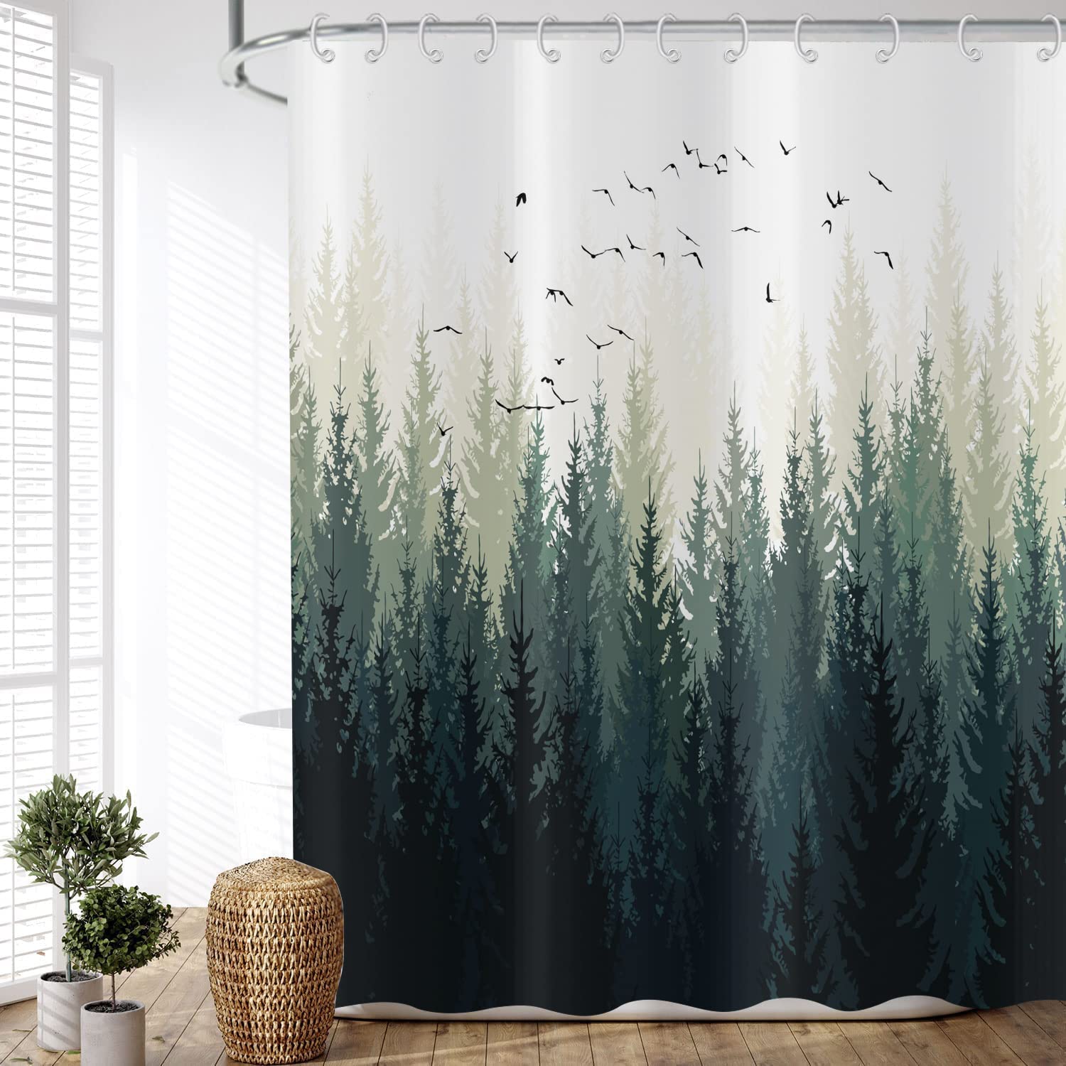 ASDCXZ Shower Curtain Forest 180x240 cm, Natural Landscape Green Forest Misty Forest Motif Waterproof Textile Bath Shower Curtains Washable Polyester Fabric Shower Curtain for Bathtub with 12 Hooks — image 1