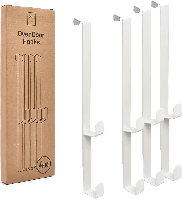 D&D Living® White Door Hooks for Wardrobe & Cabinet - 4x Double Hooks