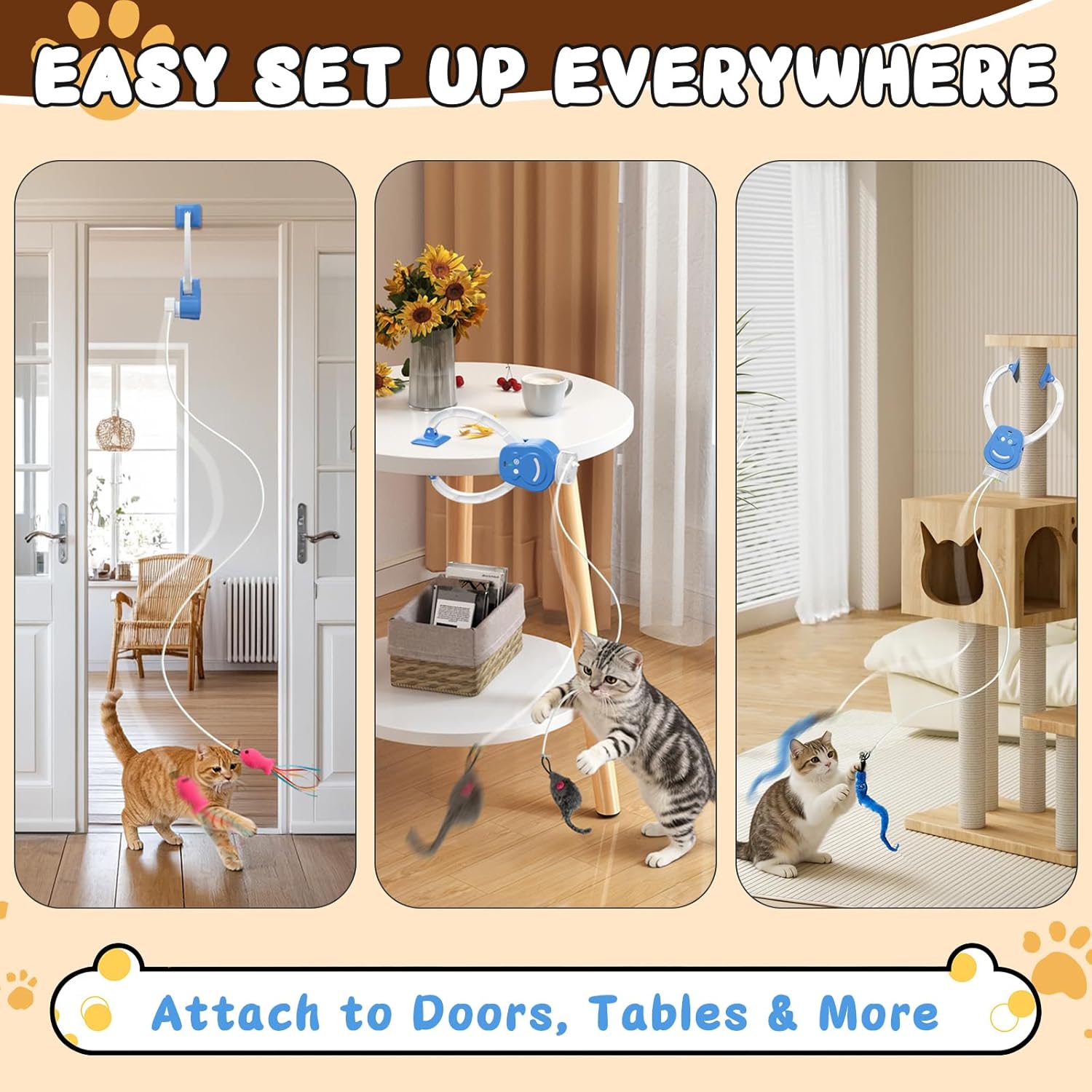 Automatic Cat Toy for Indoor Cats, Interactive Door Hanging Cat Toy with Smart Touch Restart, USB Rechargeable Cat Teaser with Elastic Rope, Adjustable Height Cat Toy for Kittens & Adult Cats (Blue)