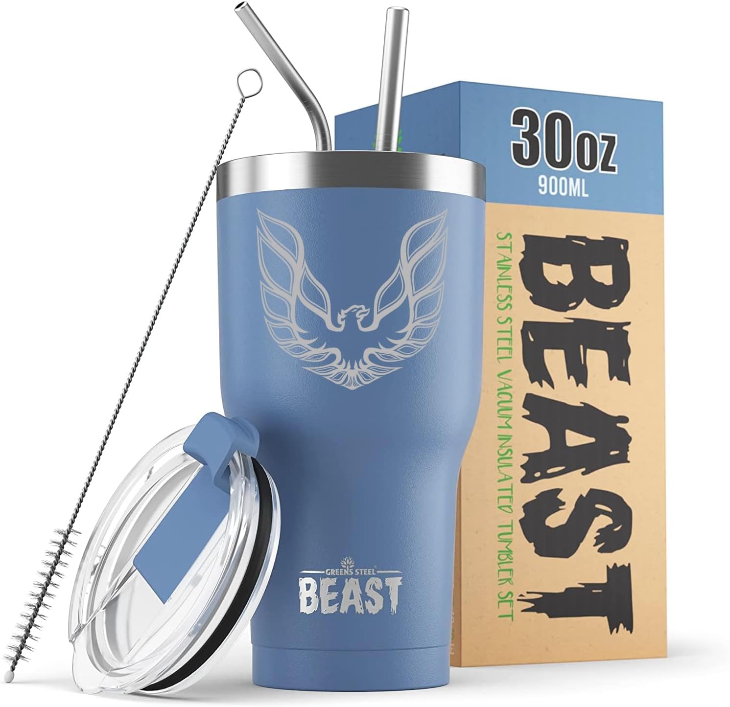 Trans Am Firebird Phoenix Bird Logo Beast 30 oz Stainless Steel Insulated Tumbler w/Lid, 2 Straws, Brush and Gift Box white