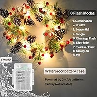 Vista 5 de Guirnalda de pino con luces, guirnaldas de Navidad de 6.56 pies, 20 LED, funciona con pilas, con bayas rojas y piñas navideñas, luces preiluminadas