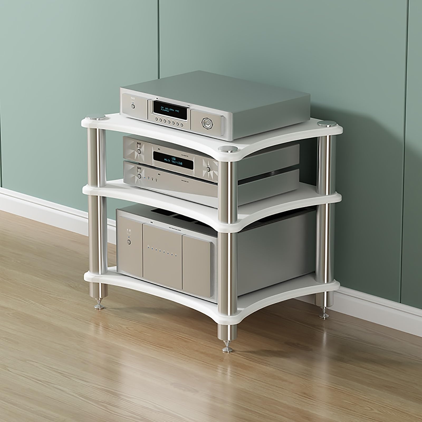 Supporto rack audio per proiettore, PS5, lettore DVD e console, mensola multimediale e torre stereo per apparecchiature AV, giochi e ricevitori via cavo, unità angolare.