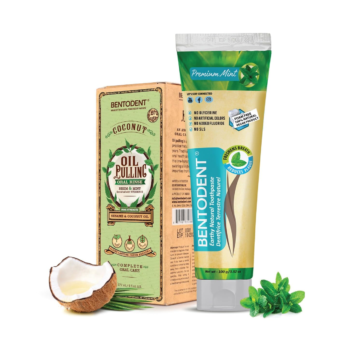 Bentodent Fluoride Free Mineral Toothpaste with Natural bentonite Clay, 100 g and Organic Coconut Sesame Oil Pulling with neem, 177ml for Fresh Breath and Teeth whitening, Vegan
