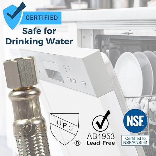 Miniatura 7 de Hippohose Kit de manguera de agua para lavavajillas de acero inoxidable de 20 pies, ajuste universal, SS trenzado, conexiones de 38 pulgadas,