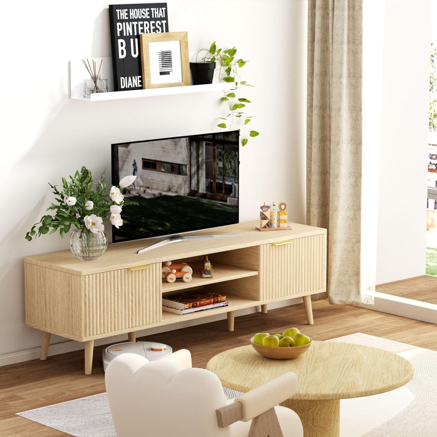 YLGJ&TIDY 140 CM Mueble de TV, Estilo Mid-Century Moderno Mesa de TV, 2 Almacenamiento Abierto & 2 Gabinetes Mueble Salon TV, Compatible con TV 55/60/65 Pulgadas, Madera Natural