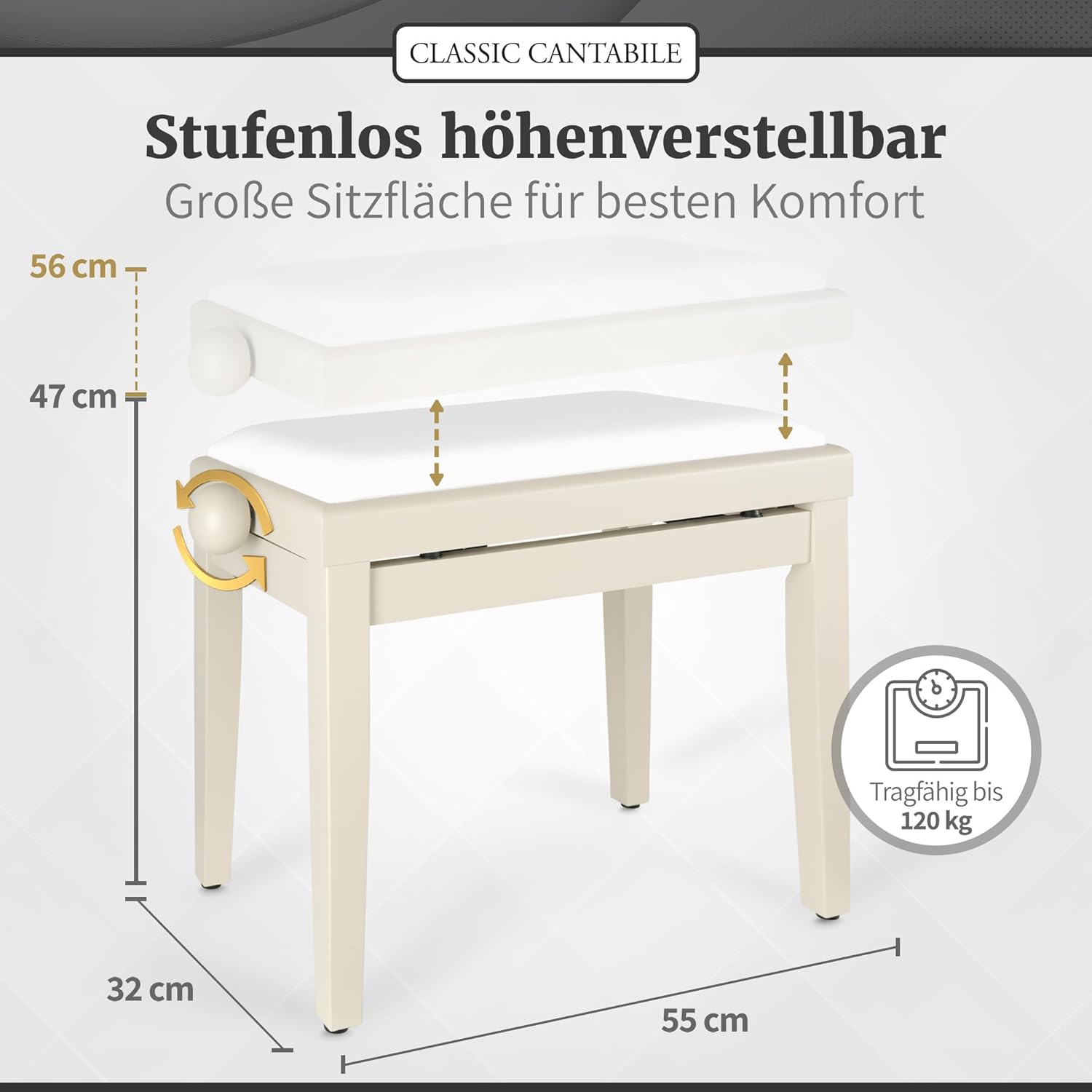 Classic Cantabile Piano Bench White Matte Ash