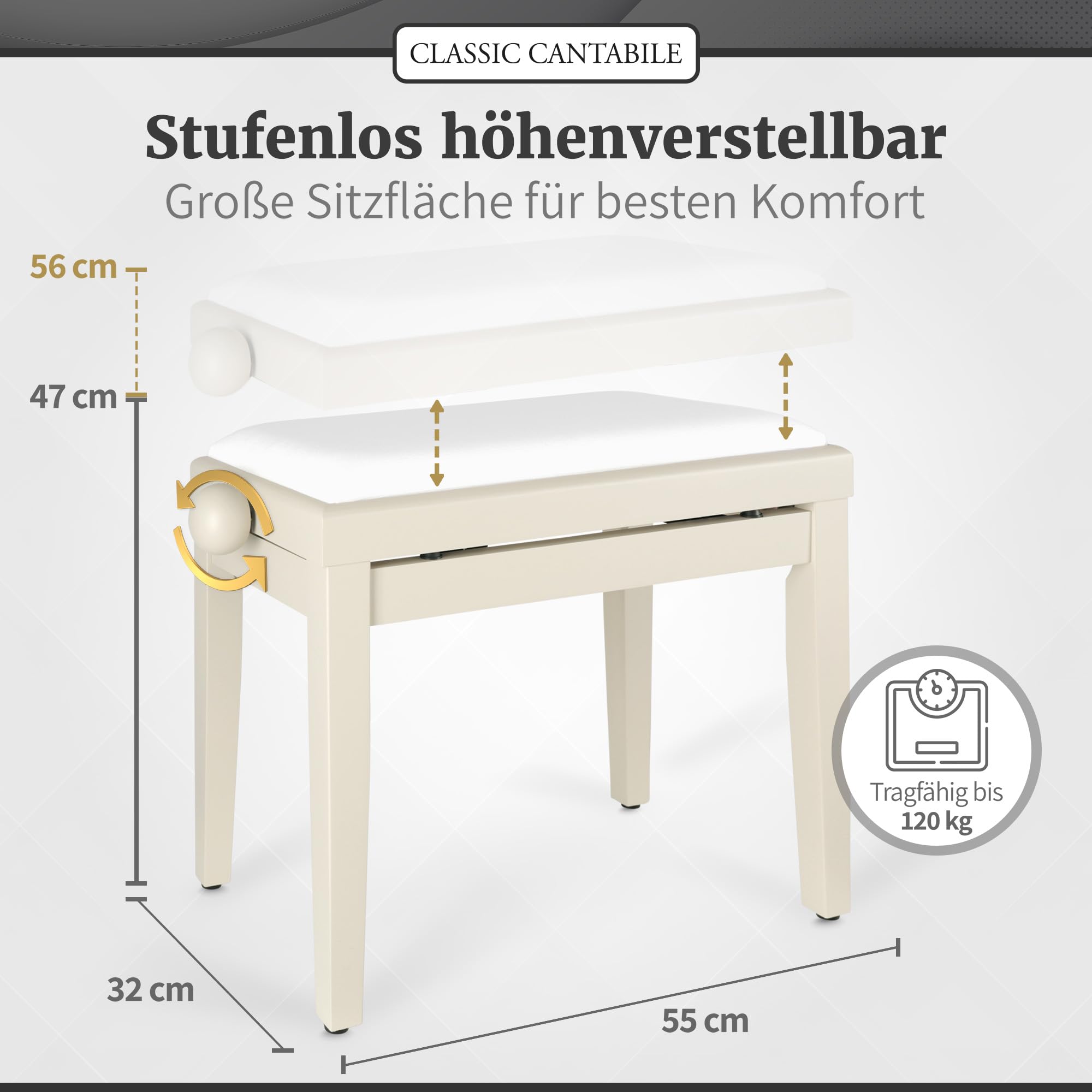 Classic Cantabile Pianobank (höhenverstellbar von 47-56cm, Spindelmechanik, Sitzfläche 55 x 32cm, weißer Velourbezug, stabil) Weißesche matt