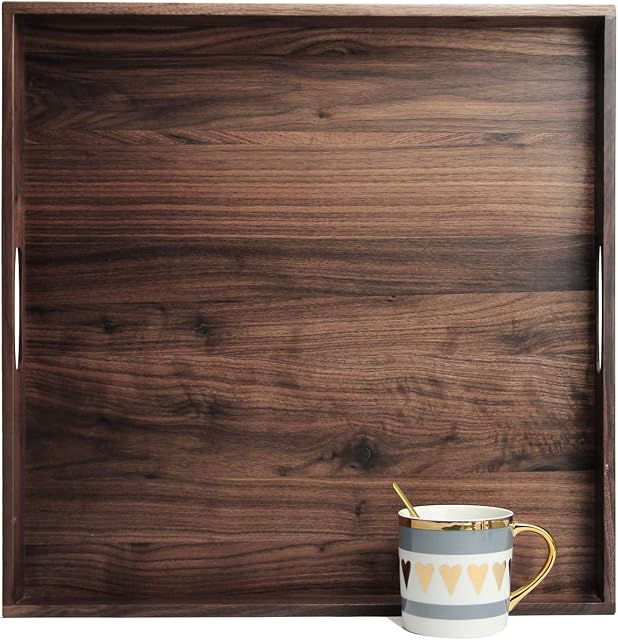 MAGIGO 19 x 19 Inches Large Square Black Walnut Wood Ottoman Tray with Handles, Serve Tea, Coffee Classic Wooden Decorative Serving Tray