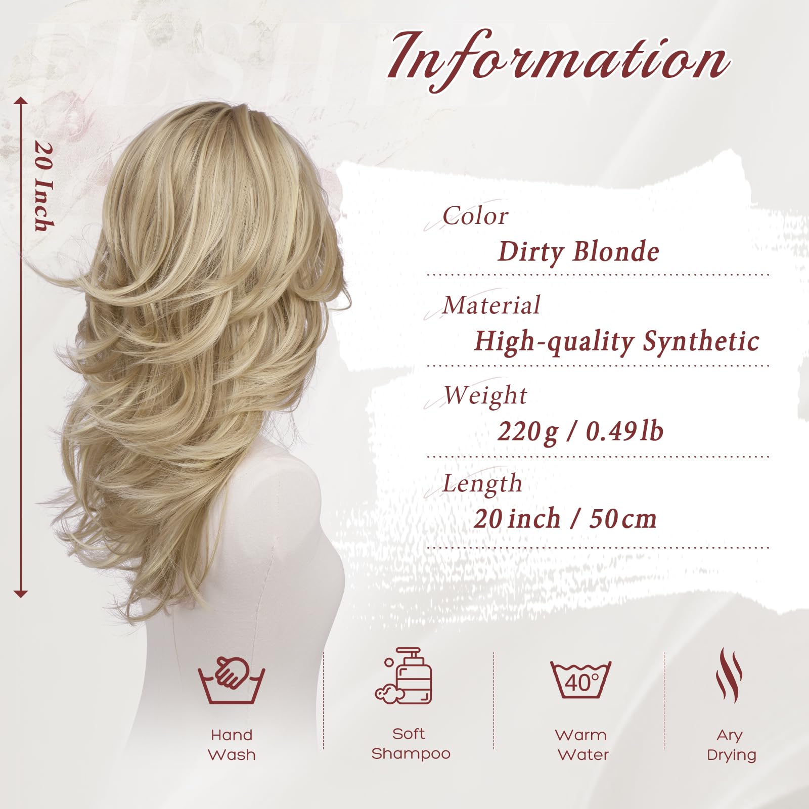 FESHFEN Peluca Largas Onduladas para Mujeres Natural Layered Pelucas de Pelo Sintética Resistente Wig para Uso Diario en Fiestas Cosplay, 50 cm Reflejos Rubio