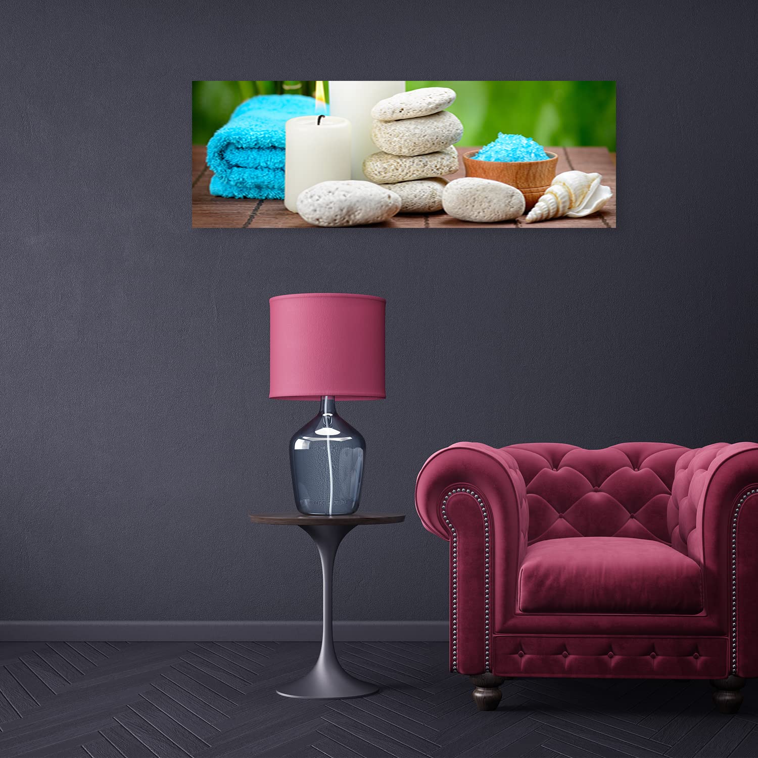 Feeby Vlies Leinwandbild Entspannung Badesalz Zensteine Spa 150x50 cm Wanddeko Design Kunstdruck Zimmerdeko Bilderwand Muschel Kerzen Friedlichkeit Blau