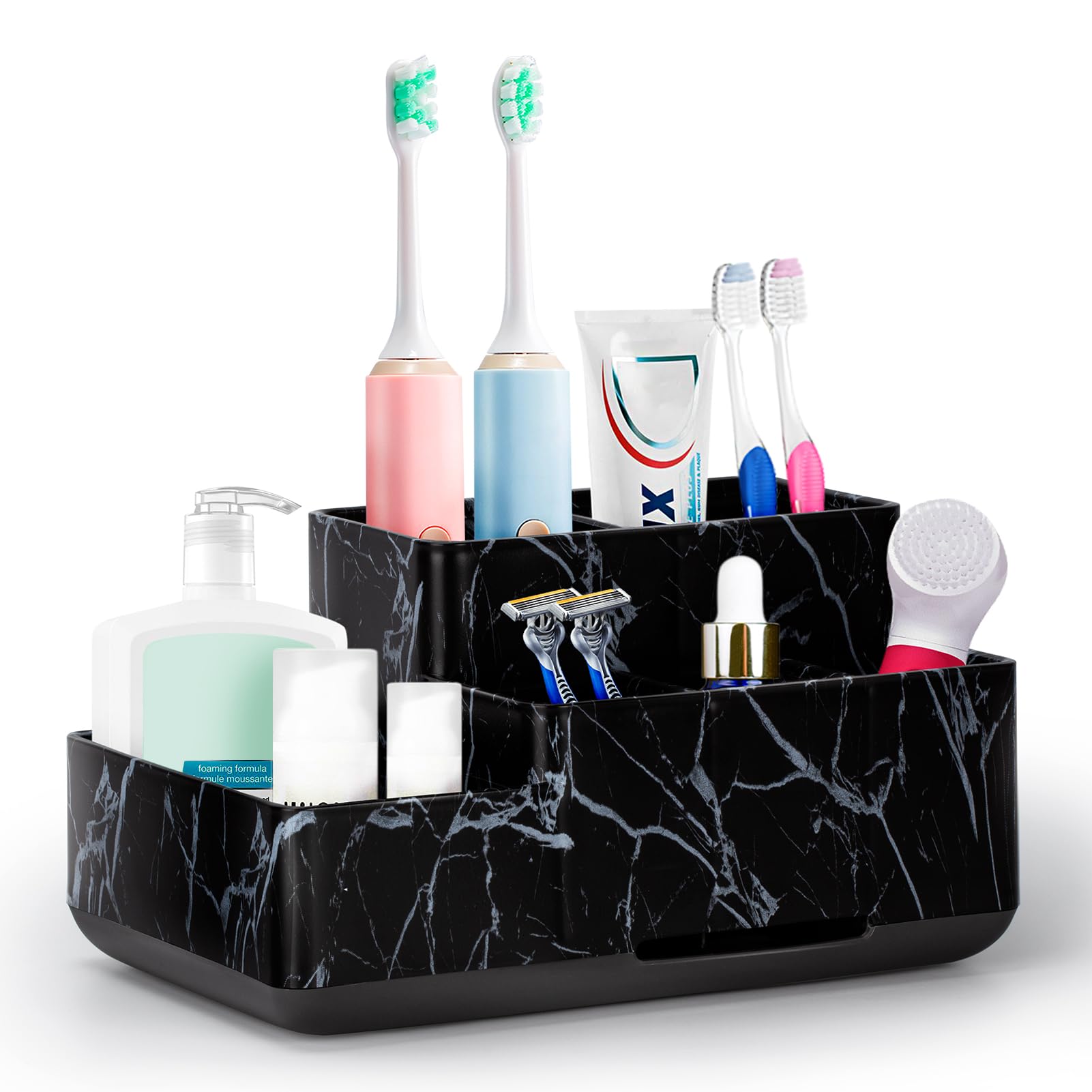 Toothbrush Holder,Bathroom Organizer Countertop, 5 Compartments Multifunctional Storage for Cosmetic, Makeup, Office Stationery Pencil,Toothpaste, Toothbrush,Ideal Gift for Home, Office（Bule）