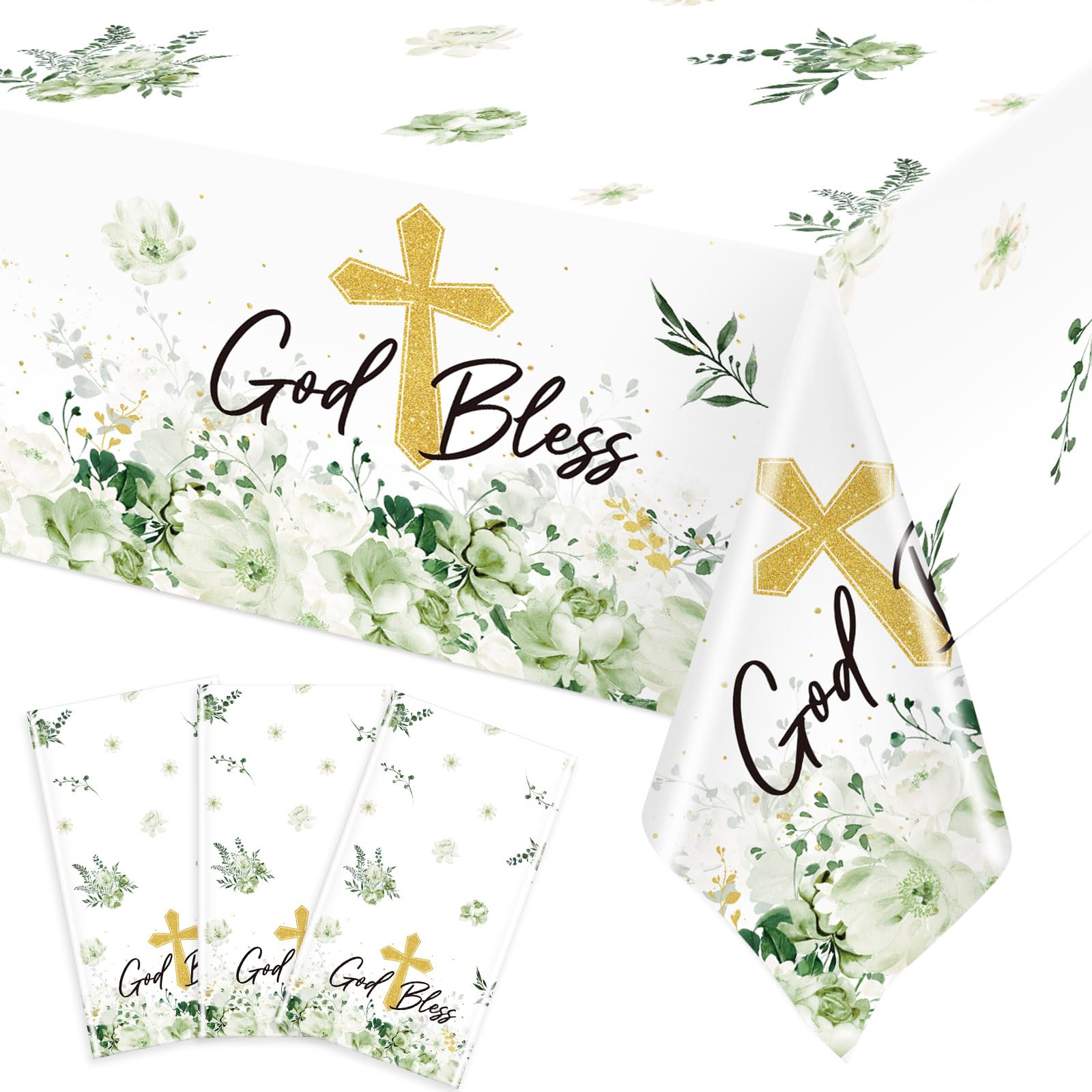 Ganeen 3 Pcs God Bless Baptism Tablecloth Plastic Baptism Decorations