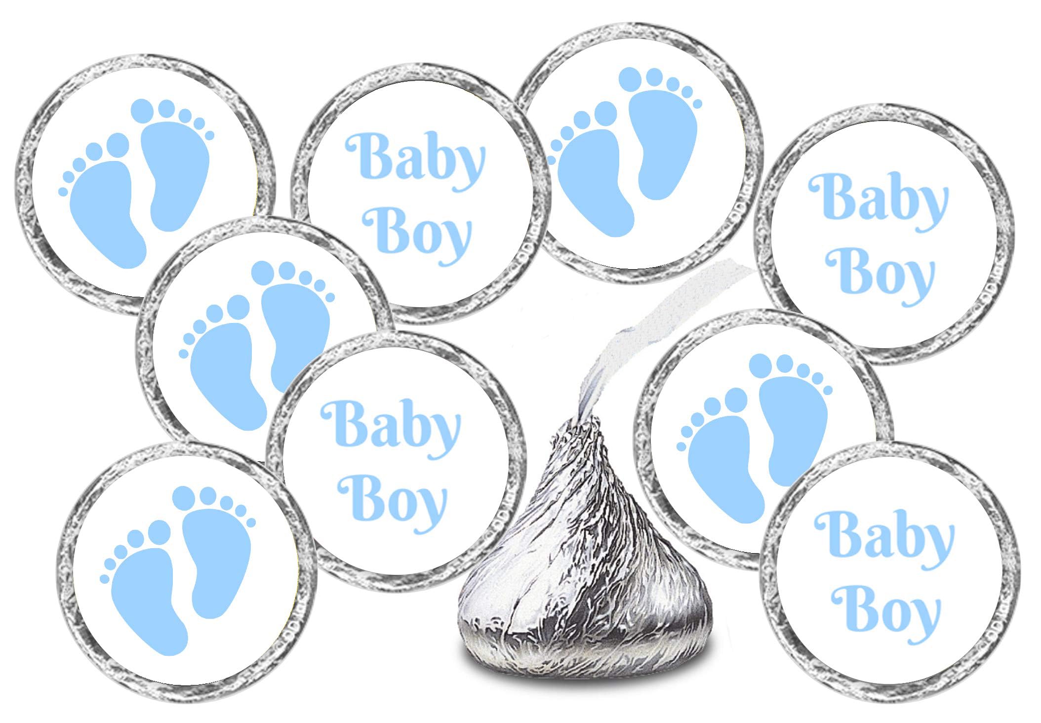 324 Baby Boy Blue Footprints Kisses Labels for Baby Shower Or Baby Sprinkle Party Or Event Decorations, Stickers, Wrappers, Favors. Made in USA