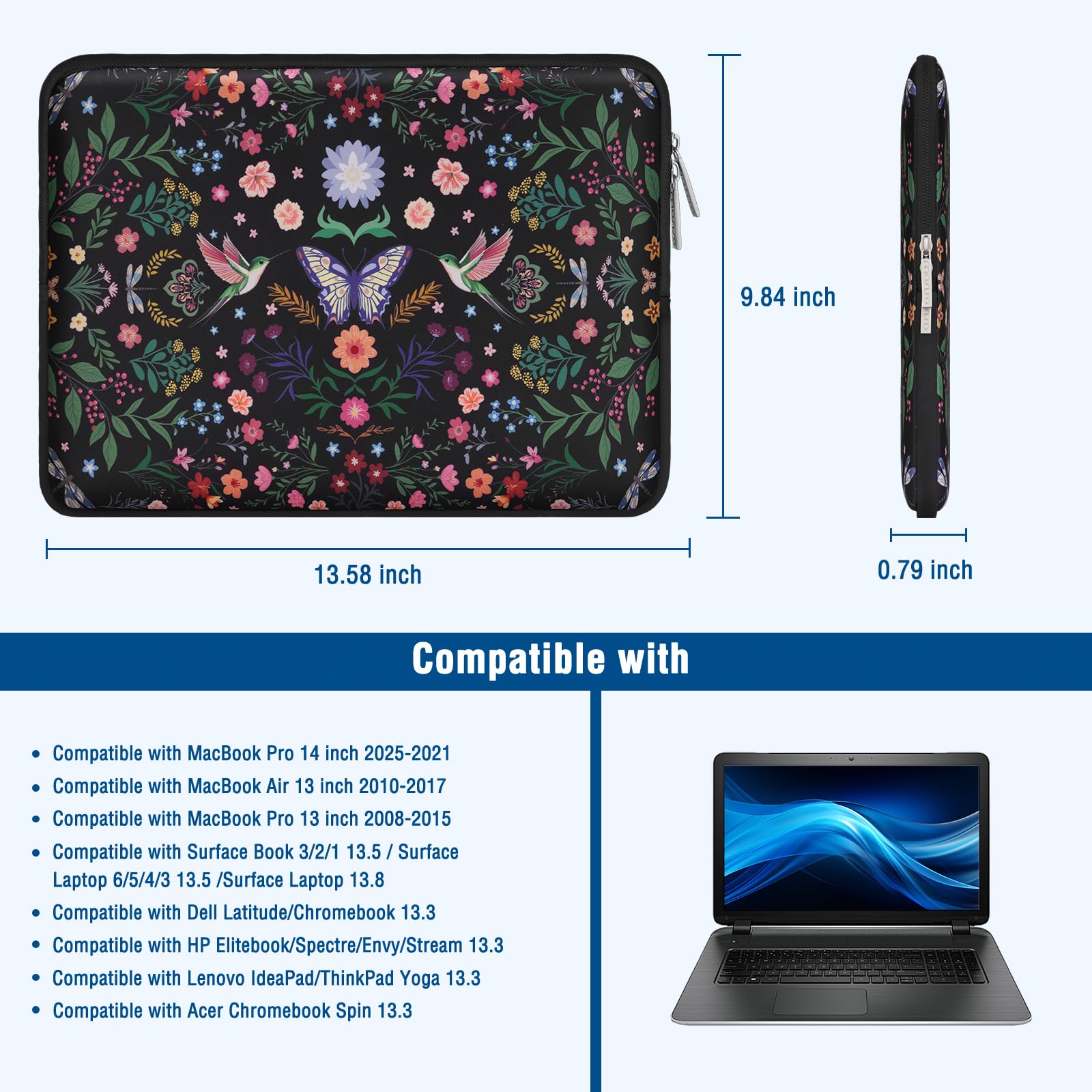 MOSISO 16 Pollici Custodia Laptop,15-15.6 Pollici Borsa PC Compatible con MacBook Pro 16,HP Acer Dell Lenovo ASUS Notebook,Borsa Computer Neoprene con Colibri,Piante&Fiori,con Custodia Piccola,Nero
