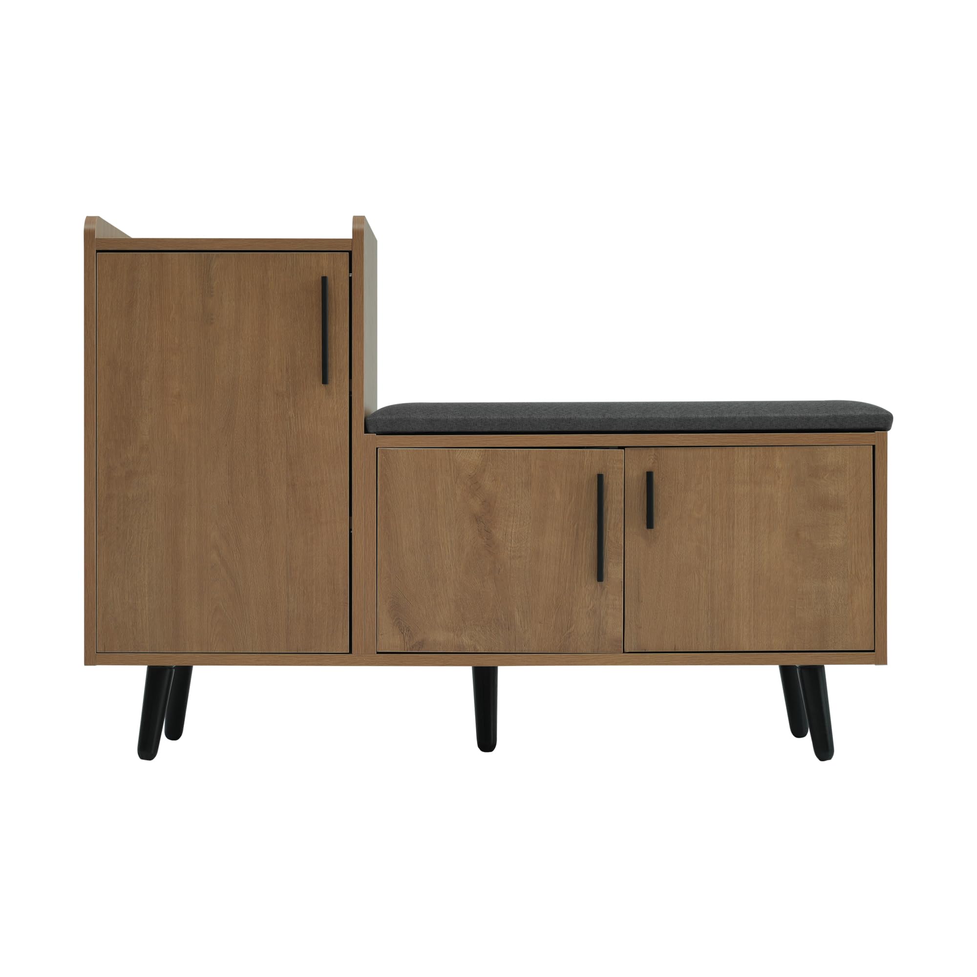 Zapatero moderno con tres puertas de almacenamiento, asas de metal asimétricas, varios niveles para almacenamiento, dimensiones B100/T34/H69 cm, natural