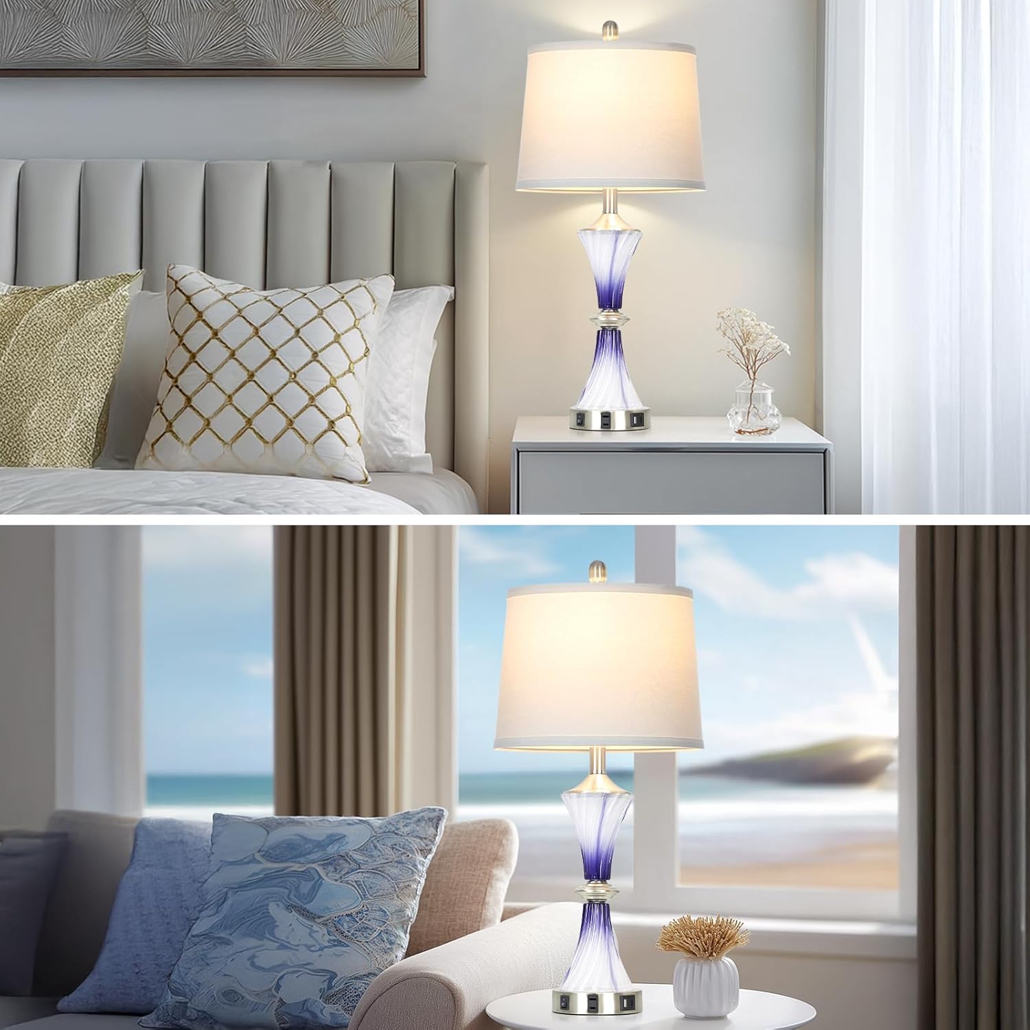 Rinweey Purple Glass Table Lamp Set of 2 with USB C+A Ports & AC Outlet, Bedside Lamp, Modern Bedroom Lamps, Crystal Lamp for Night Stands Bedroom Living Room,Nightstand Lamp LED Bulbs Included