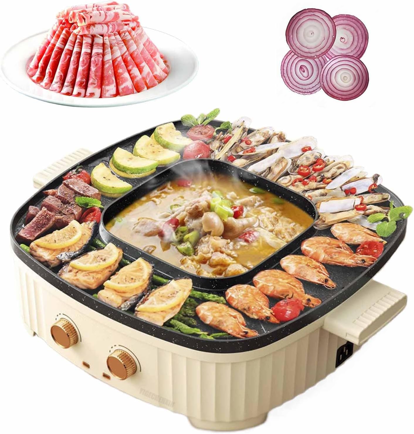 1800W Non-Stick Electric Grill - Multifunctional Stainless Steel & Aluminum, 1.2L Capacity, Dual Knob Temperature Control, Ideal for Ramen & Grilled Shrimp.