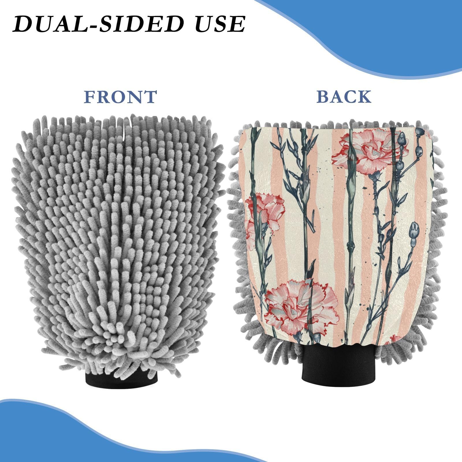 ALAZA Carnation Flower Stripes Car Wash Mitt Scratch Free, 2 Pack Absorbent Microfiber/Chenille Washing & Drying Mitts, L