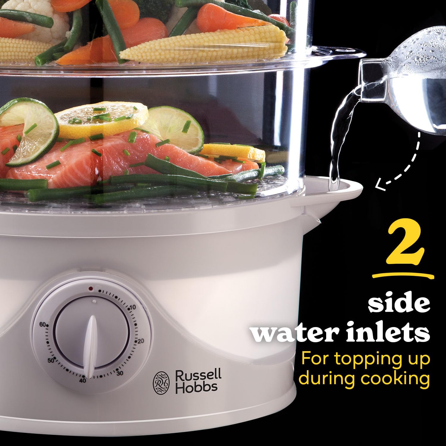 Russell Hobbs 21140 Olla de cocción a vapor de 3 niveles, 9 litros de capacidad, 800 W – Color blanco