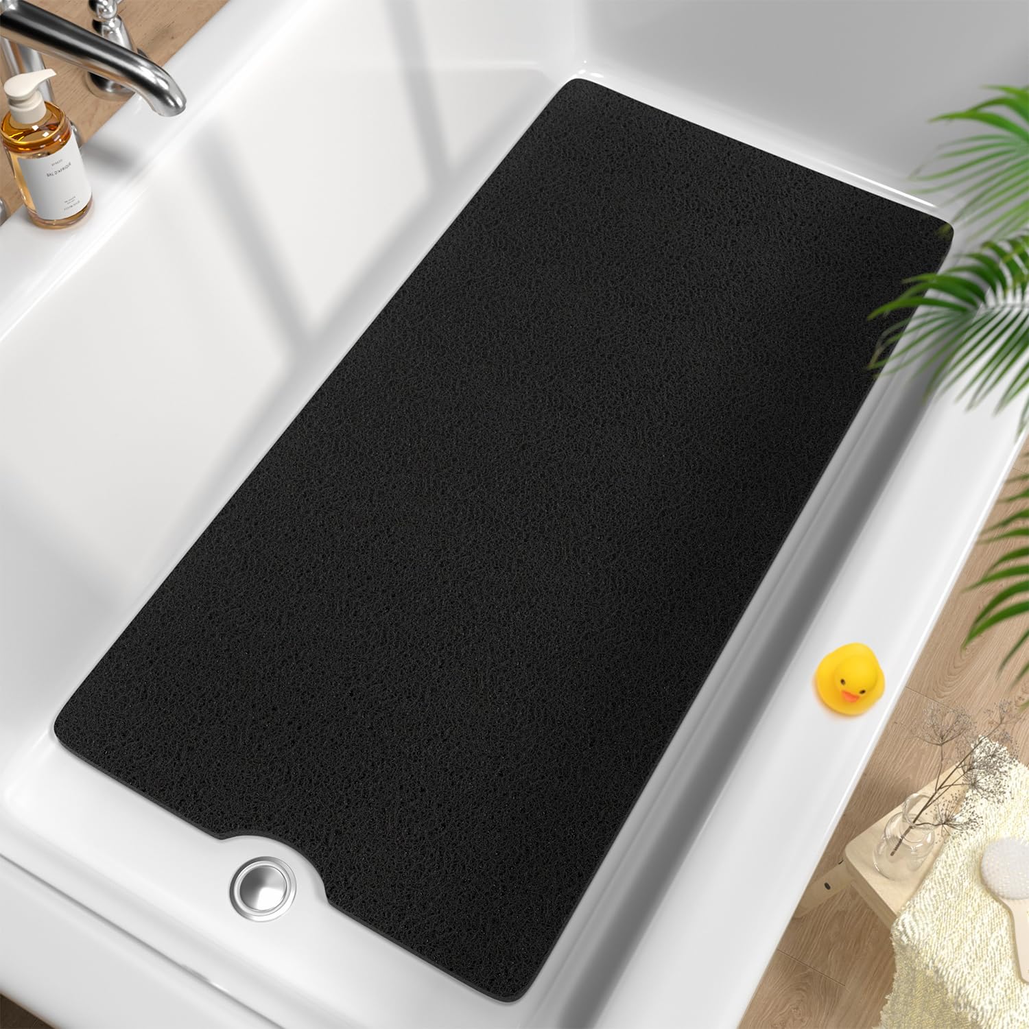 HITSLAM Non Slip Bath Mat 101 x 51cm, Extra Long Shower Mats for Inside Shower, Soft PVC Loofah Bathtub Mat with Drain, Quick Drying shower mat for Wet Area, Without Suction Cup, Black