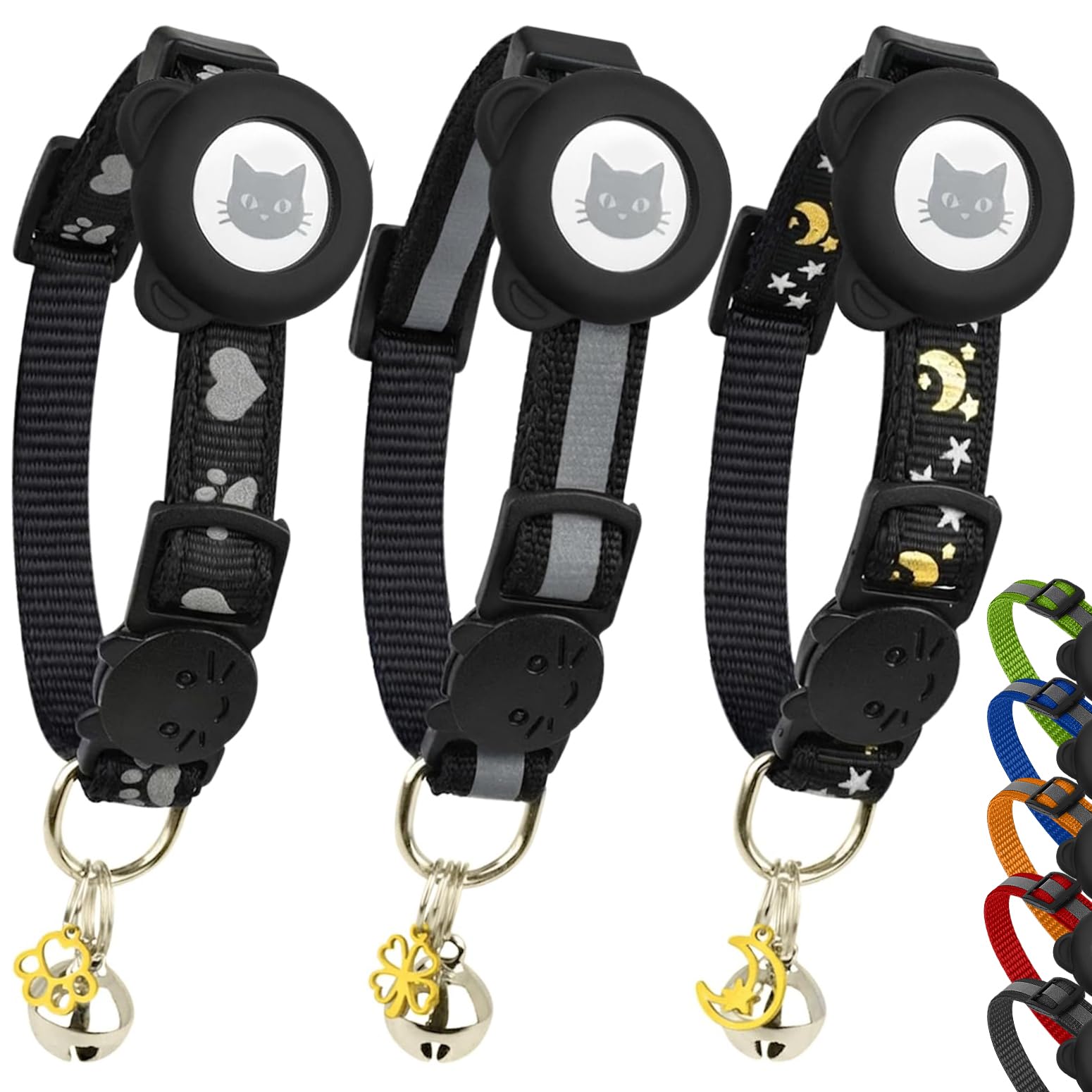 Cat Collar with AirTag Holders, 3-Pack, Reflective Breakaway Safety Collars, Bells and Matching Charms, Adjustable, Paw Hearts, Moon Stars Design, Lucky Charm, Black