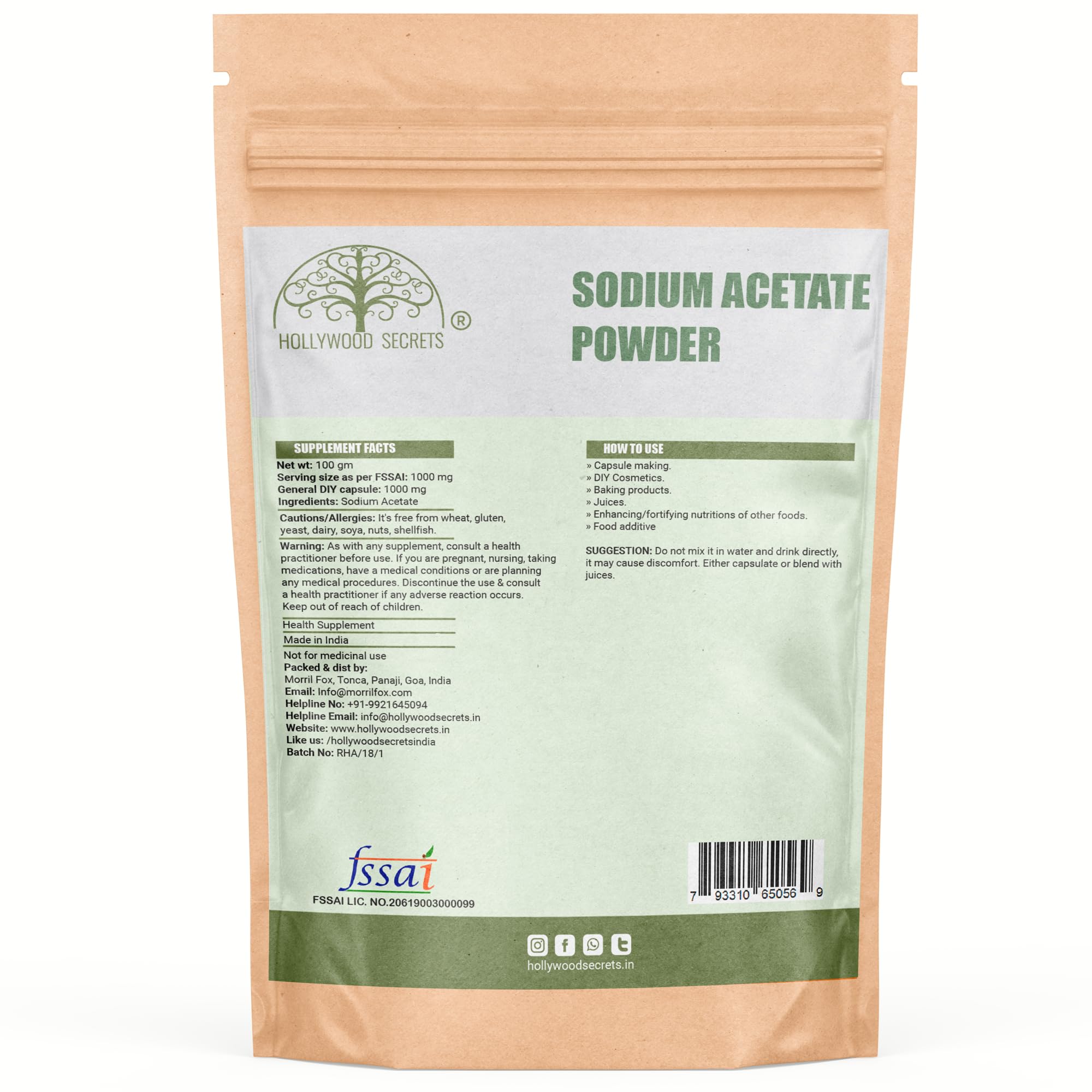Hollywood Secrets Sodium Acetate Powder 100 gm