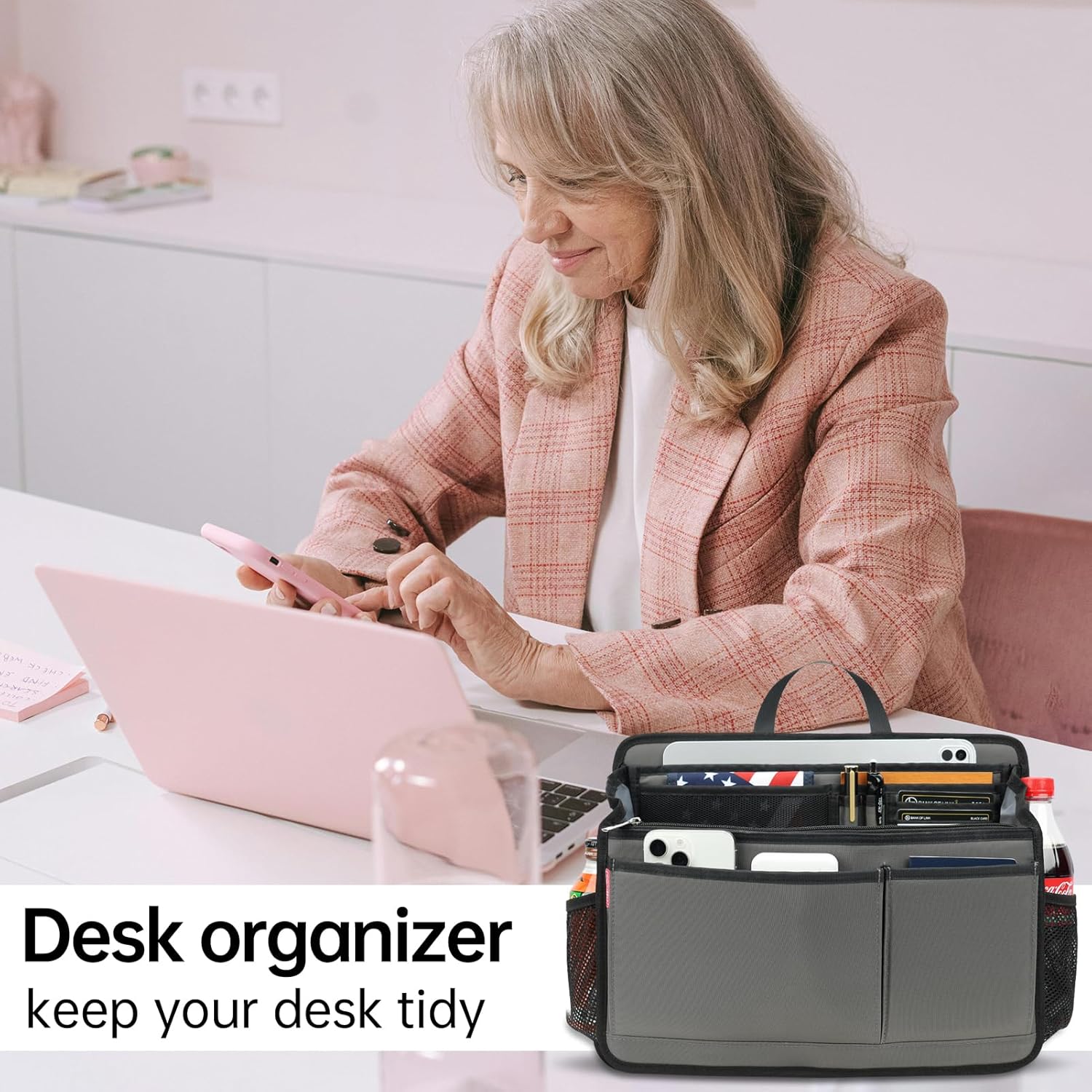 Rugged Organizer Insert for Briefcase Tote Shoulder Messenger Bag - 20 Pockets,Durable Padded Nylon,Handle(Large,Gray)