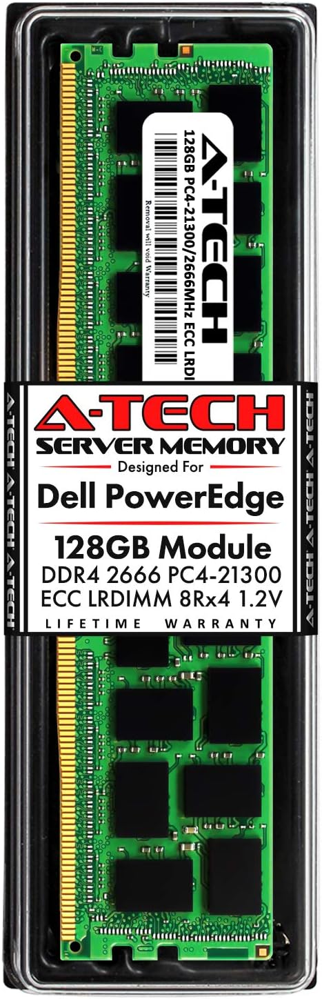 A-Tech 128GB Memory for Dell PowerEdge R440, T440, R540, R640, T640, M640, FC640, R740, R740XD, R940, C6420 | DDR4 2666MHz ECC LRDIMM PC4-21300 8Rx4 1.2V 288-Pin DIMM Server RAM Upgrade Module