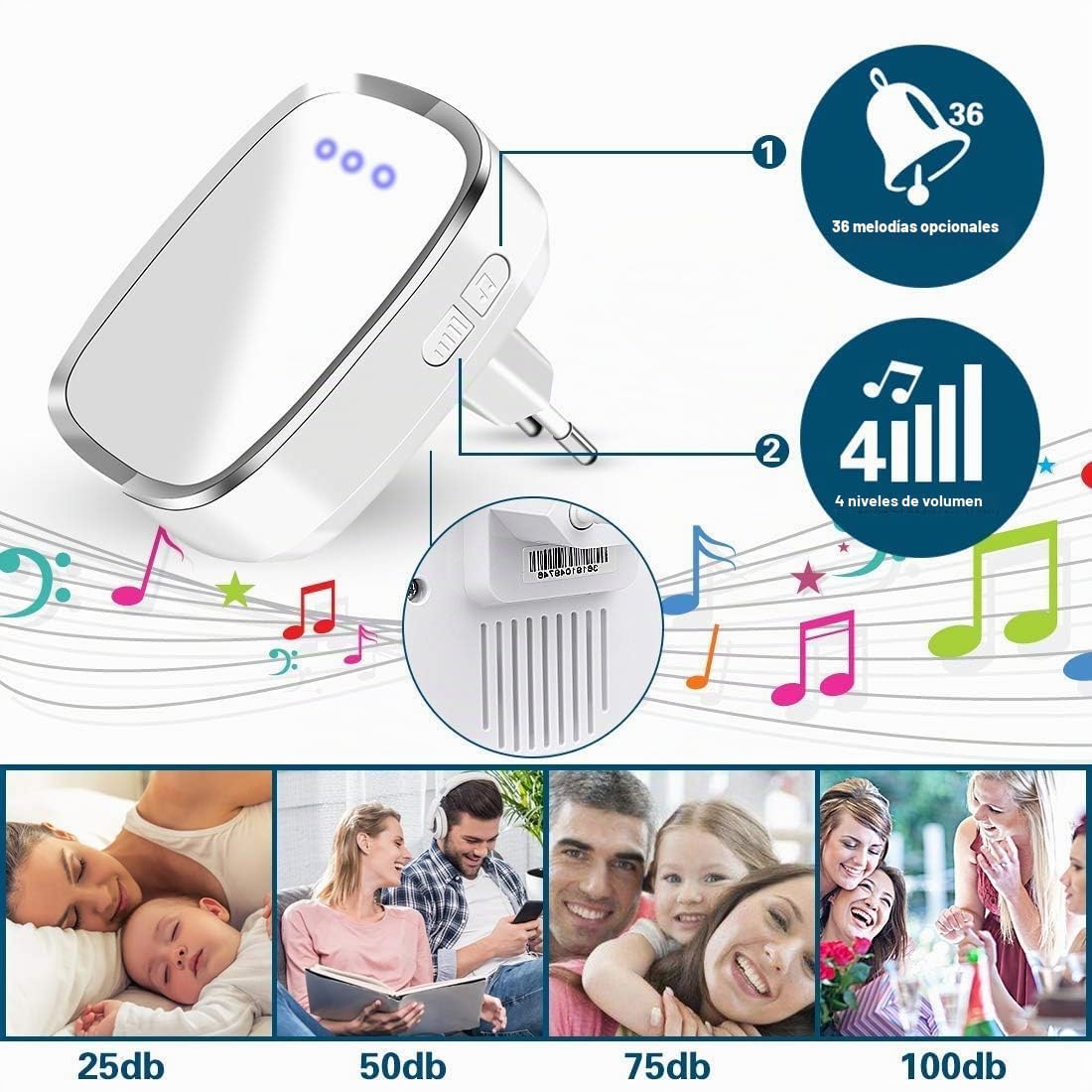Timbre inalámbrico Hospaop Timbre de Puerta de 300 Metros de Alcance, Timbre inalámbrico Impermeable con LED Flash 36 Tonos de Llamada 4 Niveles de Volumen para hogar, Oficina, etc
