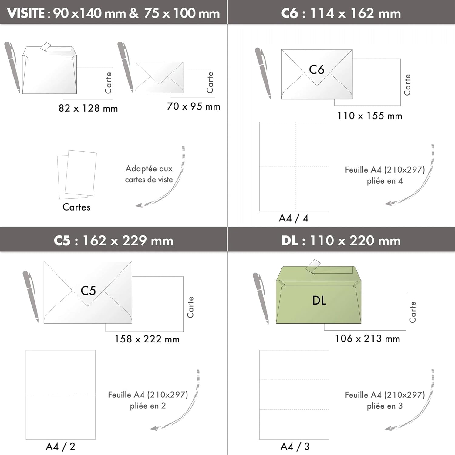 Clairefontaine 5075C Pack of 20 Self-Adhesive Envelopes - DL Size 11 x 22 cm - 120 g/m² - Sage Green - Invitation for Events and Correspondence - Pollen Range - Smooth Premium Paper