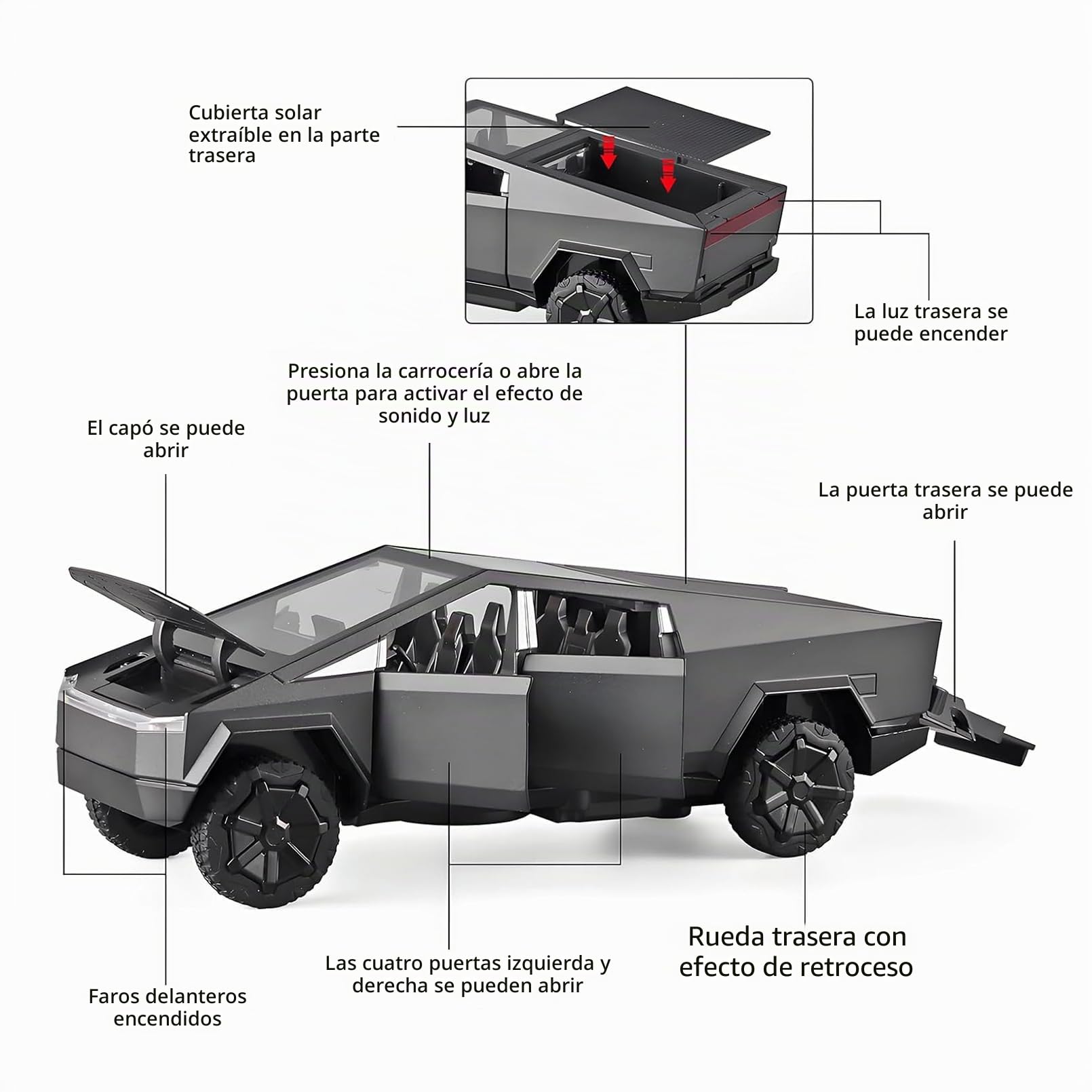 MODVOVO Tesla Truck Modelo de Coche 1:32,Coche de Juguete con Luz y Música,Función de Retroceso,Aleación Fundida a Presión,Juguete para Niños a Partir de 3 Años y Coleccionistas de Coches (Negro)