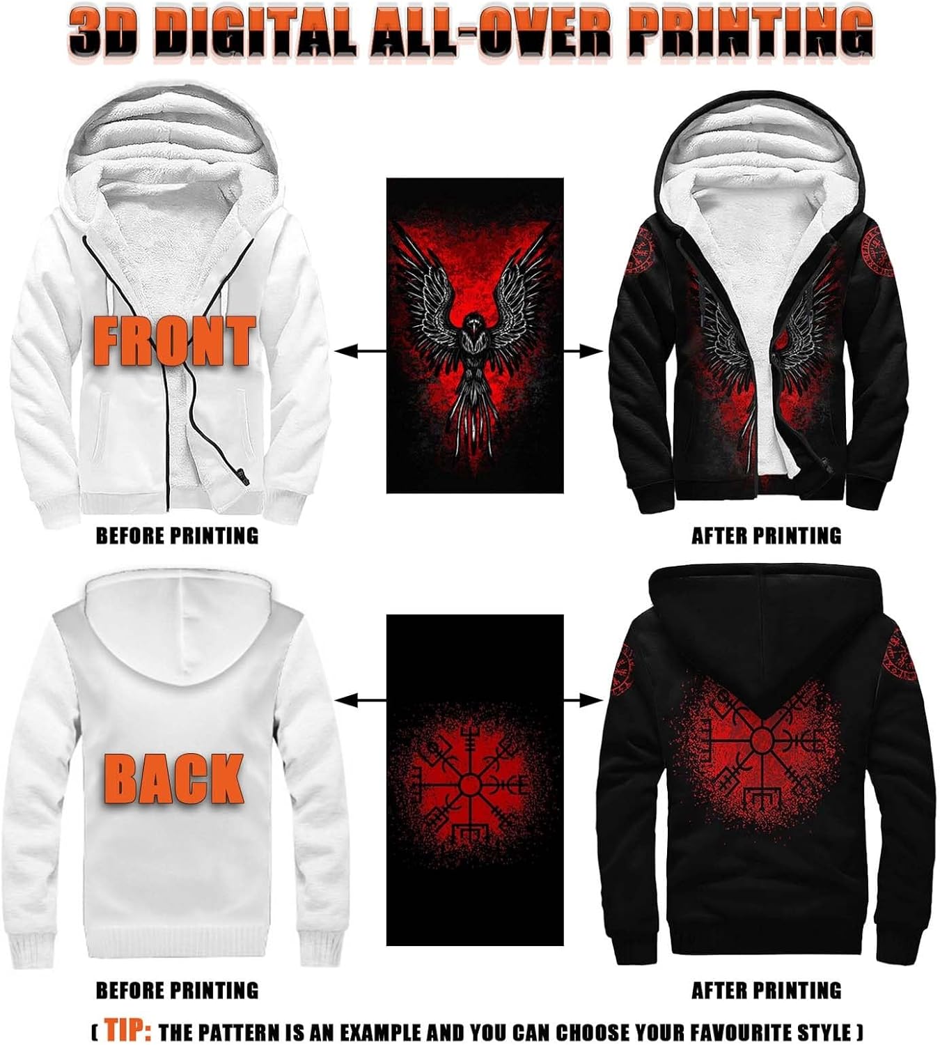 Norse Mythology Fleece Hoodies for Men Viking Tattoo Winter Thick Jackets Sherpa Lined Zip up Sweatshirt with Kanga Pocket