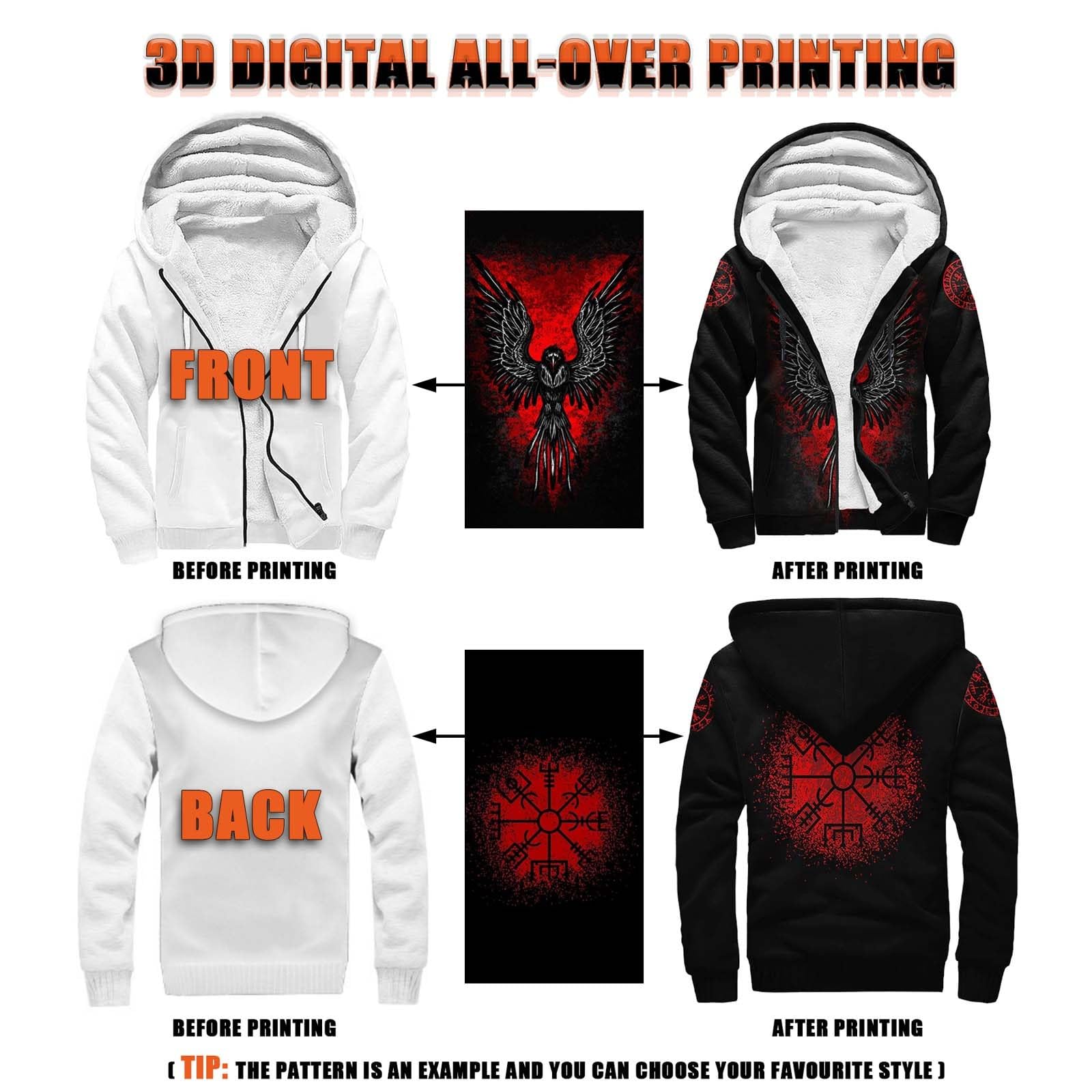 Wikinger-Drachen-Tattoo Herren Kapuzenjacke mit Fleecefutter, 3D-Druck Zip Hoodies Verdickte Langarm Kapuzenpullover, Mittelalter Fenrir Wolf Sweatjacke Winter Warm Hooded Sweatshirt mit Tasche