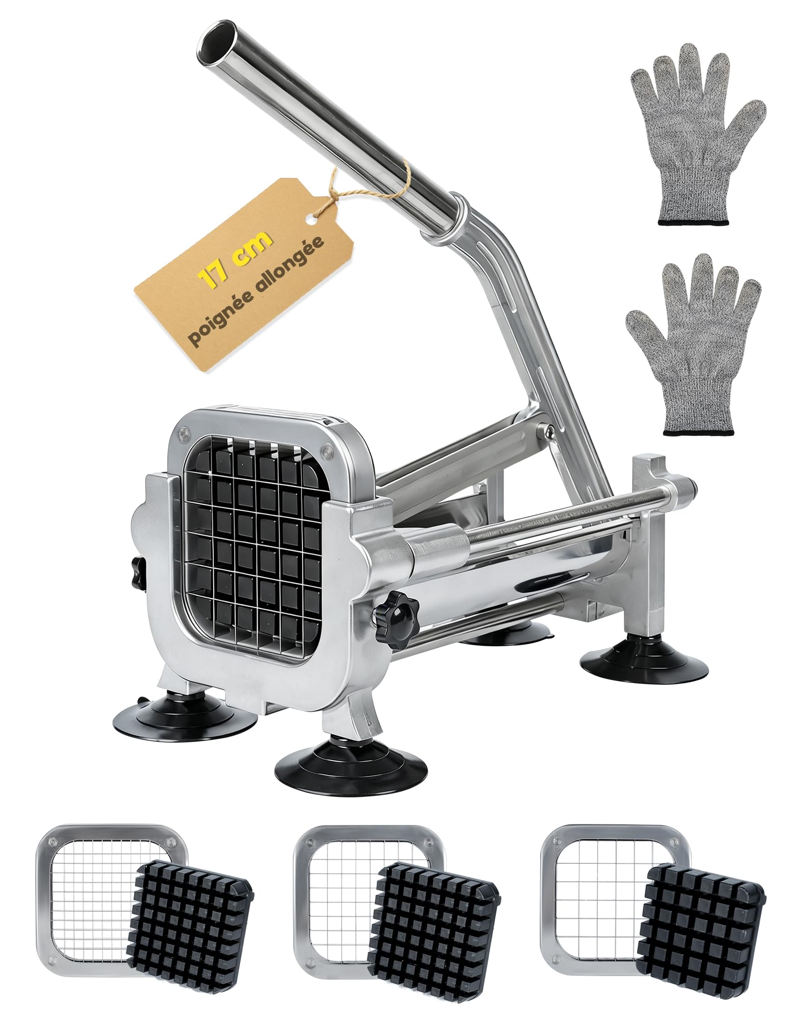 Coupe-Frites Manuel en Acier Inoxydable Coupe Frite Professionnel avec Lames 6,5 mm / 9 mm / 13 mm Coupe Pomme De Terre pour Frite Idéal pour Patates Douces Carottes Et Concombres