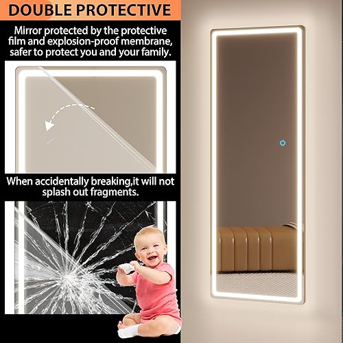 Miniatura 6 de LVSOMT Espejo de longitud completa con luces LED, espejo iluminado de cuerpo completo de 47 x 14 pulgadas, espejo sobre la puerta, espejo de pared,