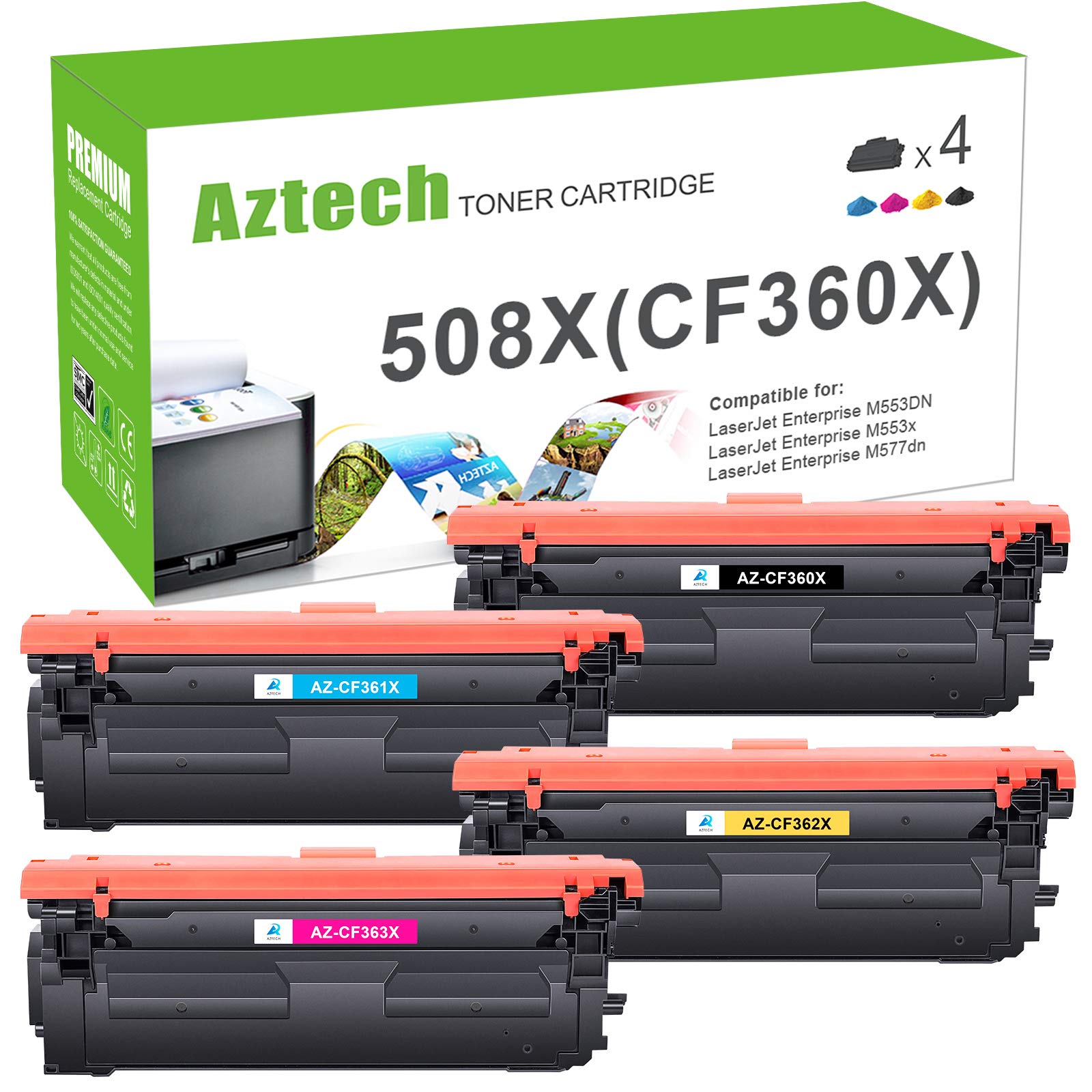 Aztech Compatible Toner Cartridge Replacement for HP 508X 508A CF360X CF361X CF362X CF363X CF360A Color Laserjet Enterprise M553N M553dn M553 M577 (Black,Cyan,Yellow,Magenta, 4-Pack)