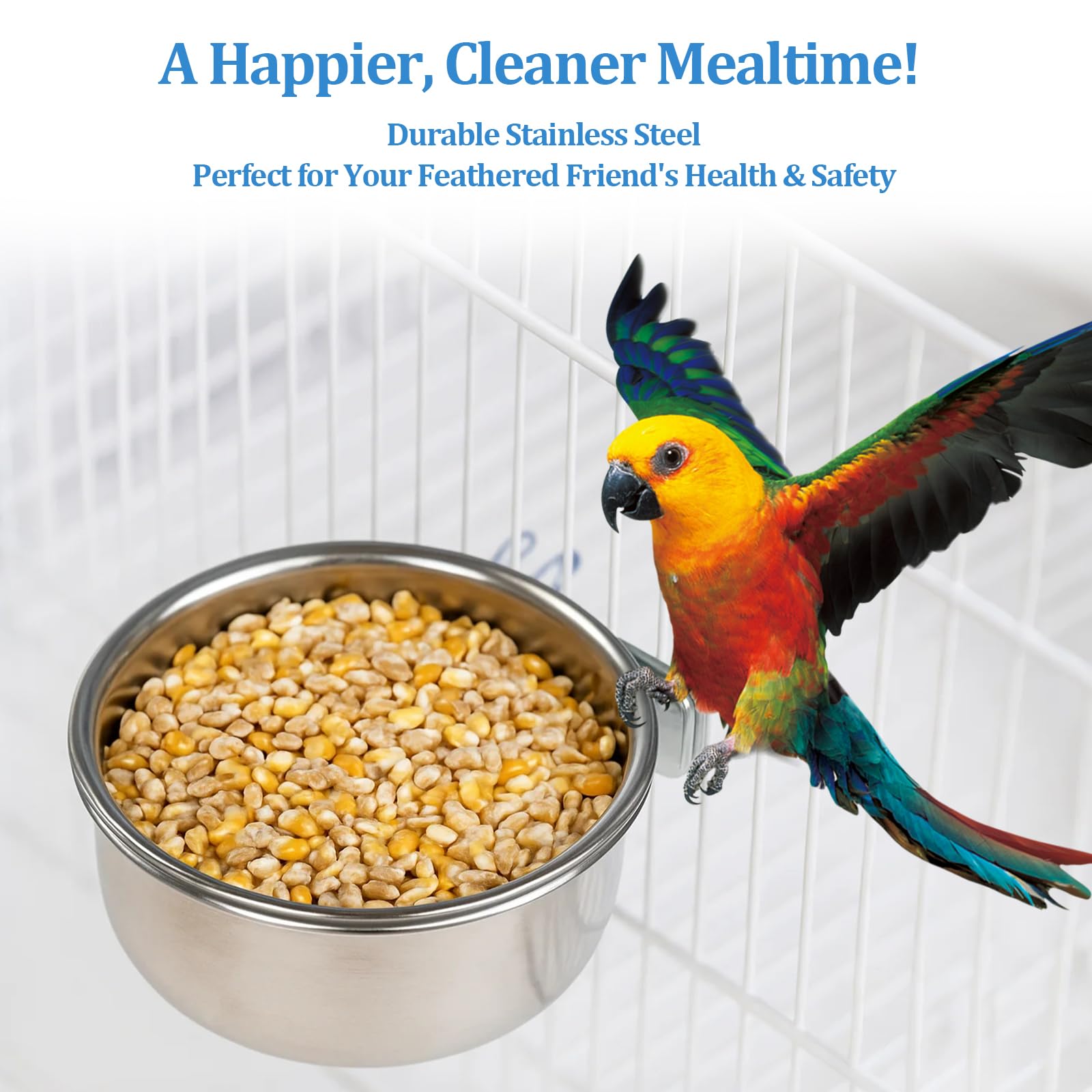 2 Pack Stainless Steel Bird Food Bowl Small Bird Feeding Dish Cups for Cage Parrot Food Bowl Cage with Clamp Holder for Parrots, Cockatiels, Small Animals (S+M) - image 4